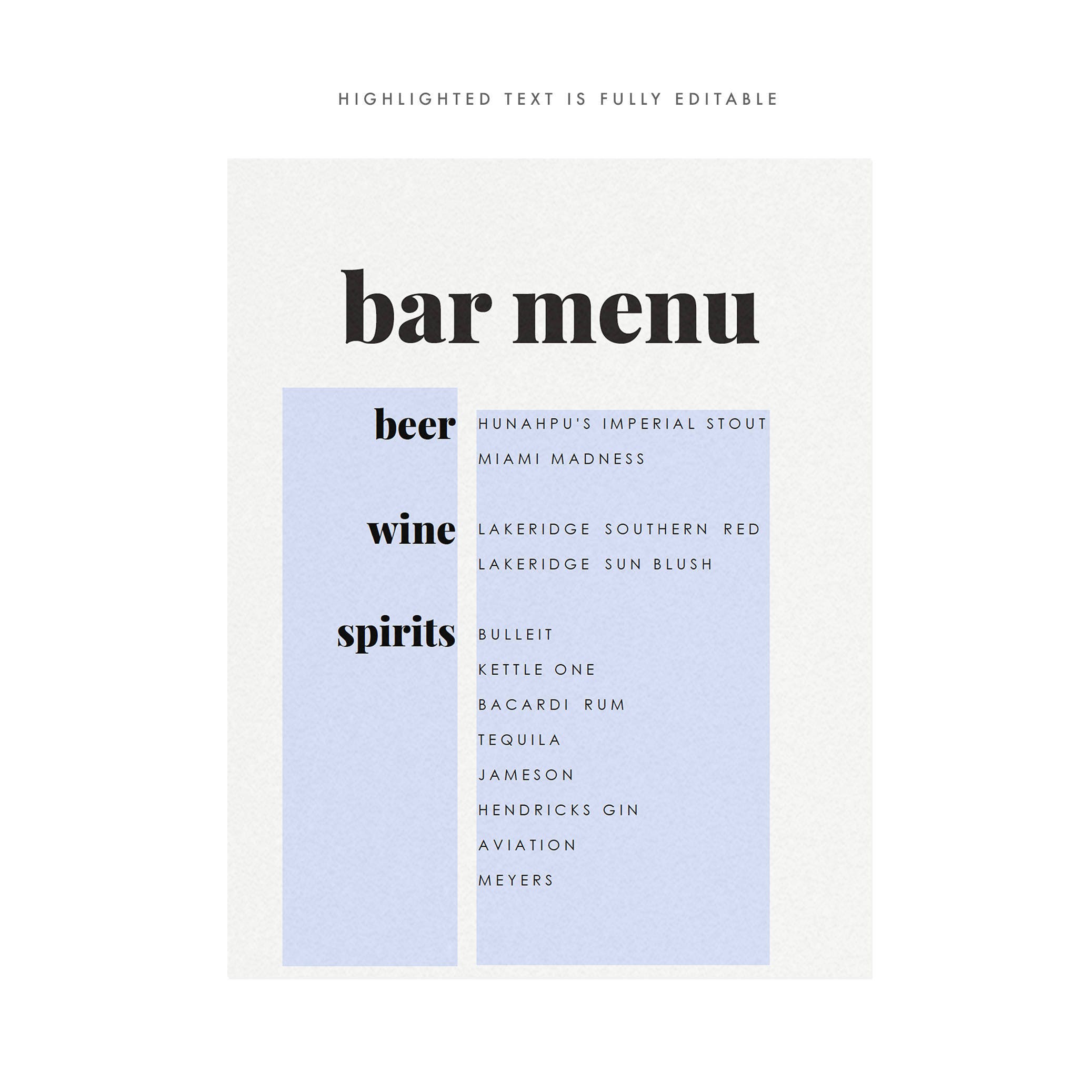 Modern Bar Menu Sign: Fairfax Printable Wedding Reception (PDF Download)