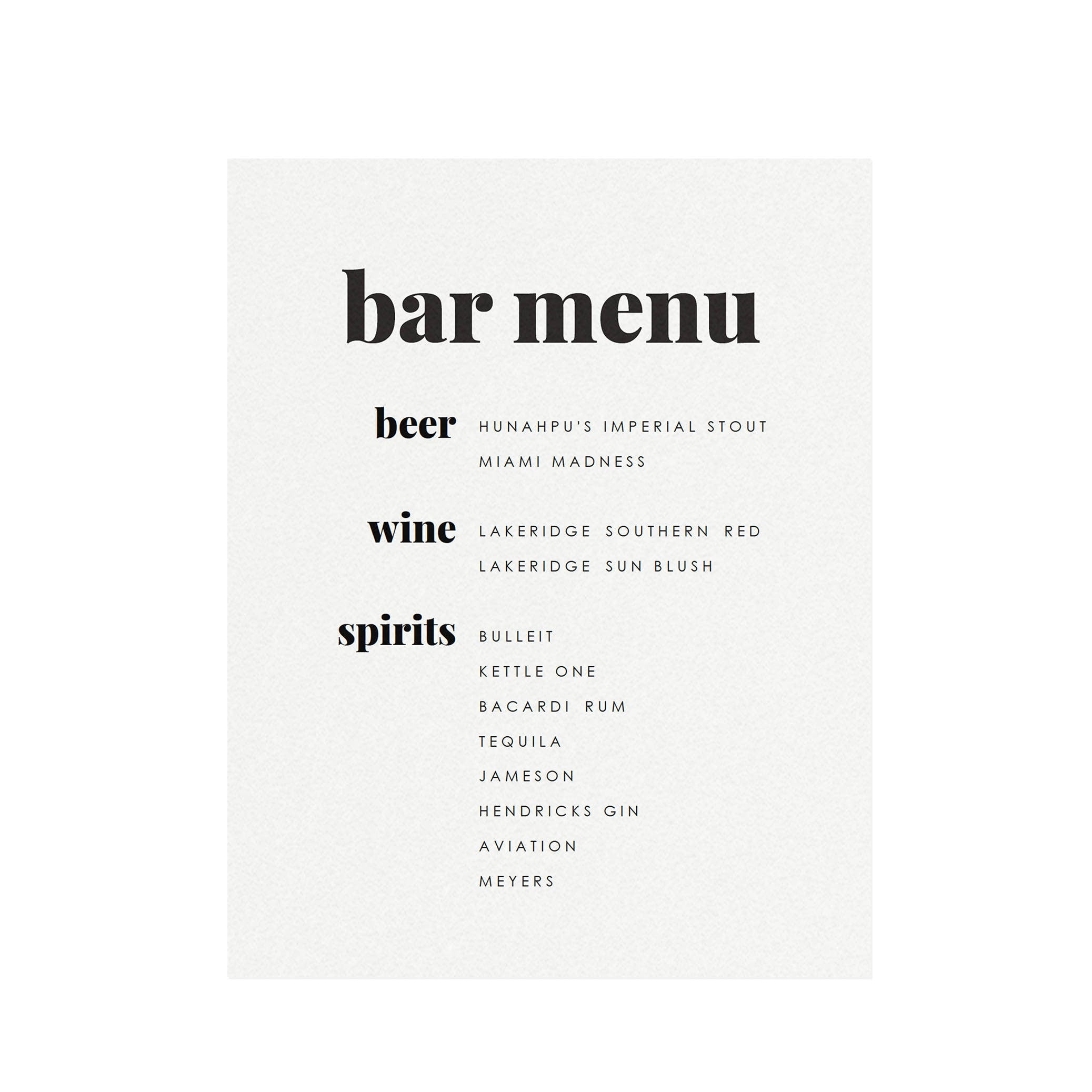 Modern Bar Menu Sign: Fairfax Printable Wedding Reception (PDF Download)