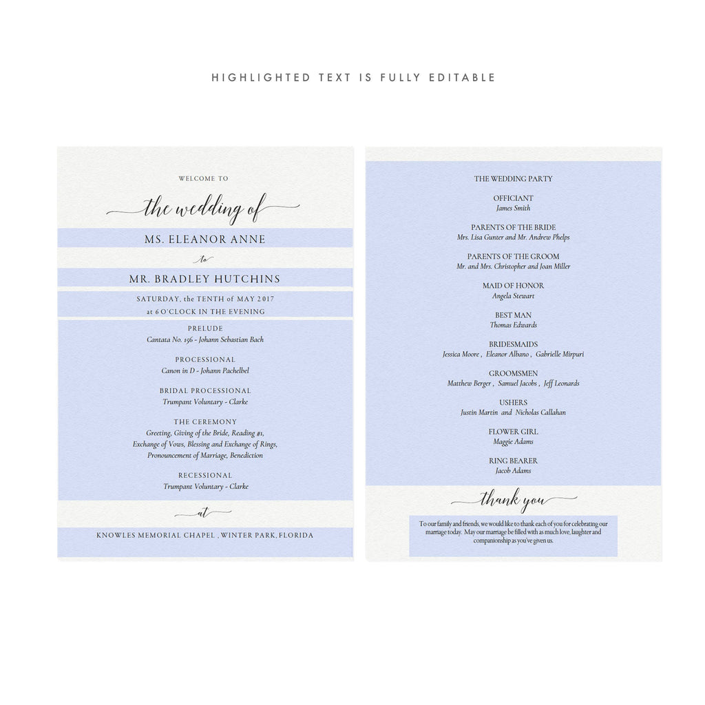 Elegant Calligraphy Wedding Program Template 5x7 (PDF Instant Download)