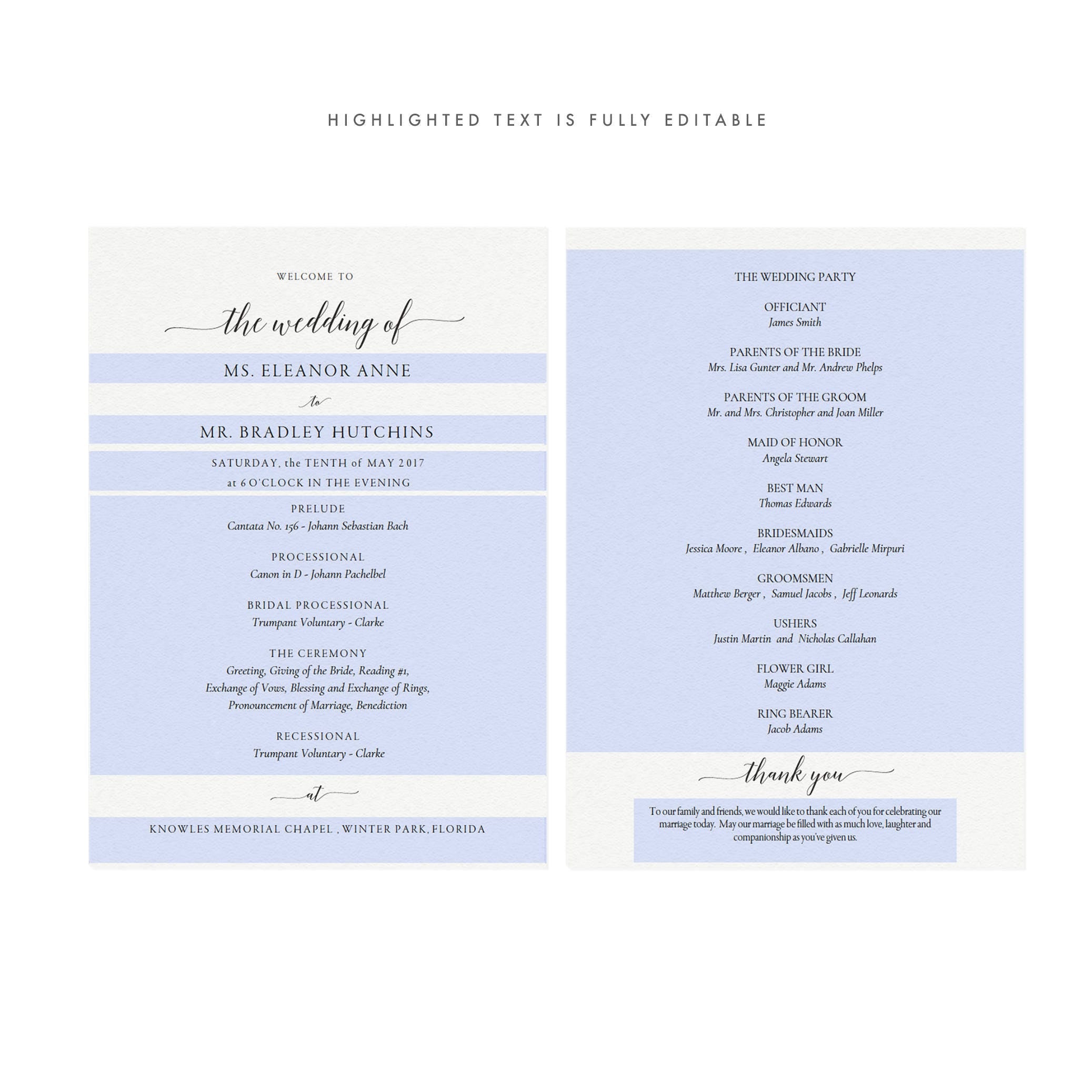 Elegant Calligraphy Wedding Program Template 5x7 (PDF Instant Download)