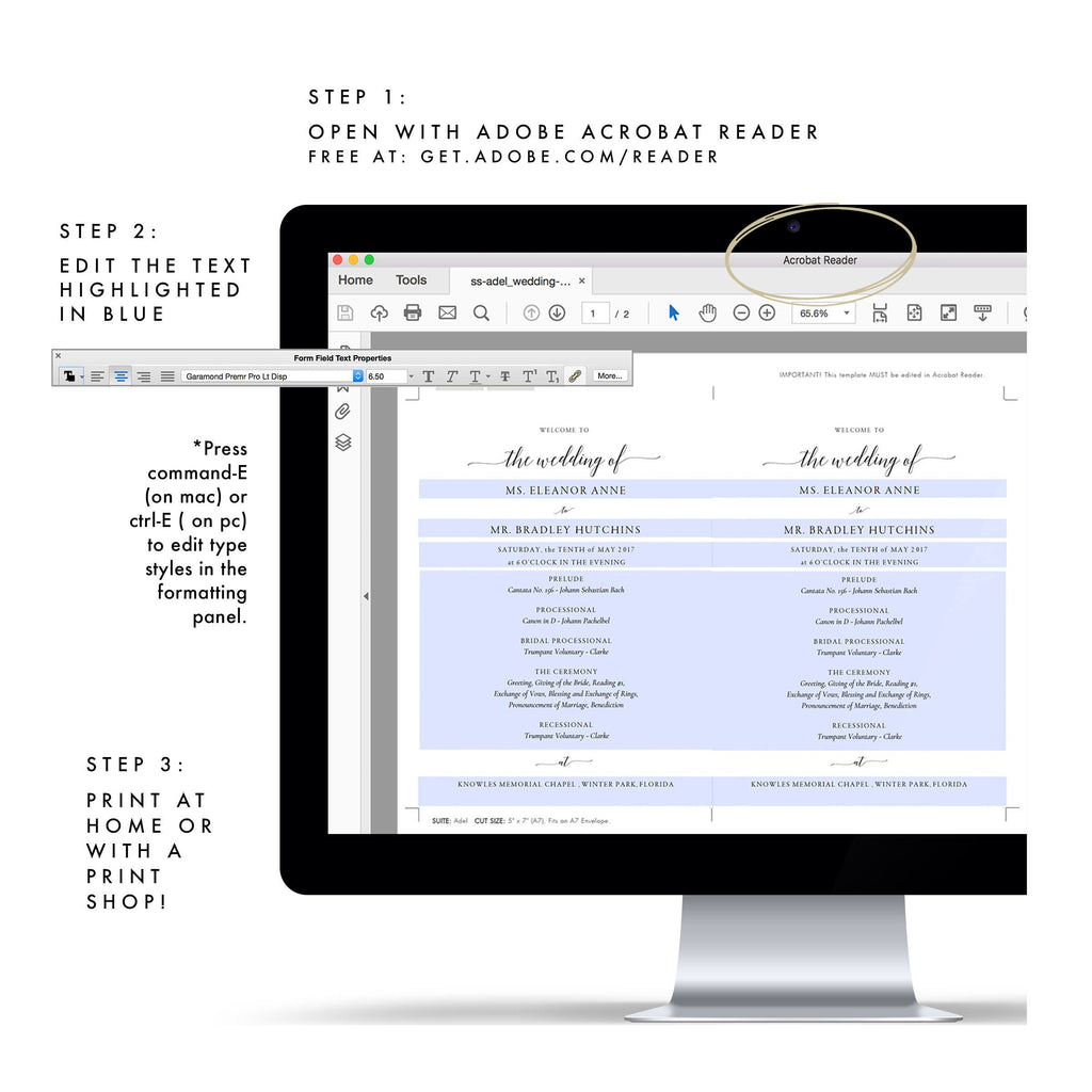 Elegant Calligraphy Wedding Program Template 5x7 (PDF Instant Download)