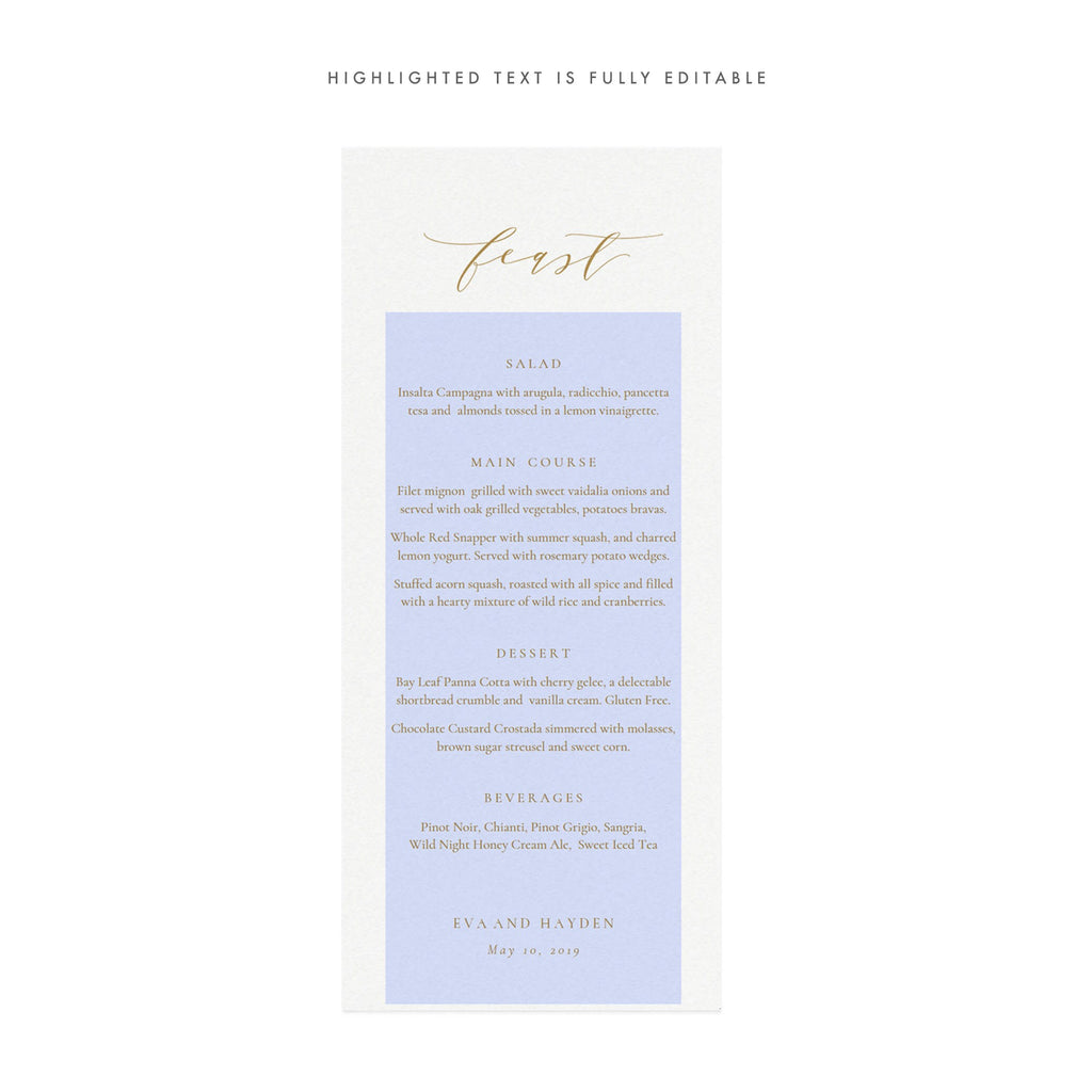 Gold Feast Menu Printable Template: Minimalist Calligraphy (PDF Download)