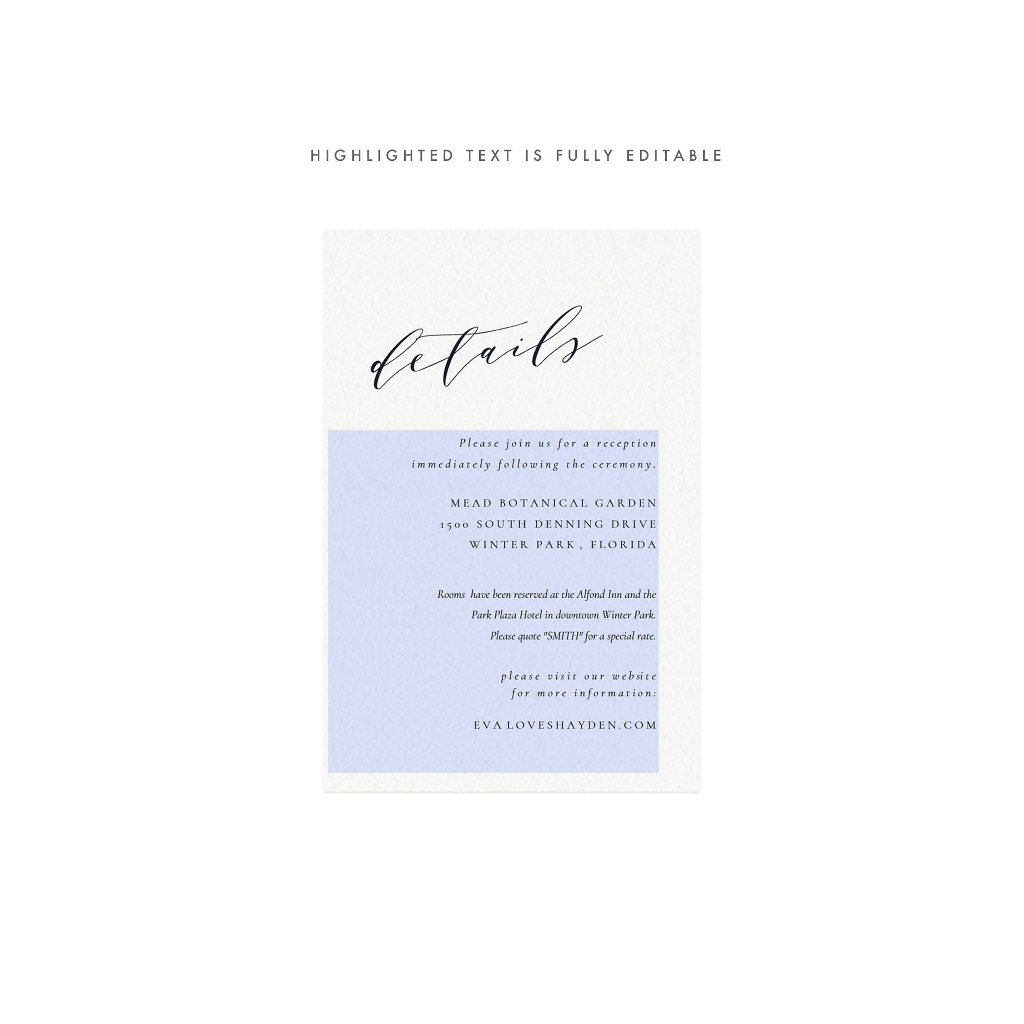 Calligraphy Wedding Details Card: Minimalist Printable (PDF Instant Download)