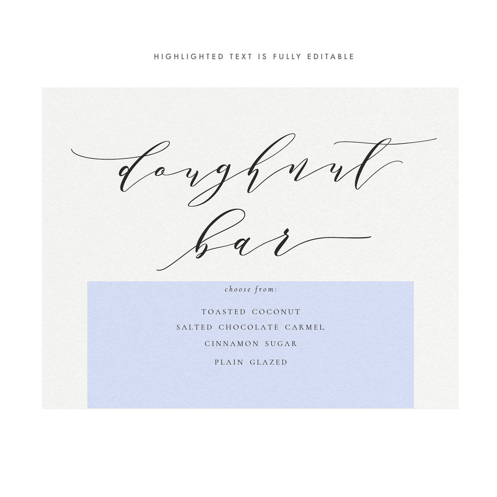 Calligraphy Doughnut Bar Sign: Printable Wedding Menu (PDF Instant Download)