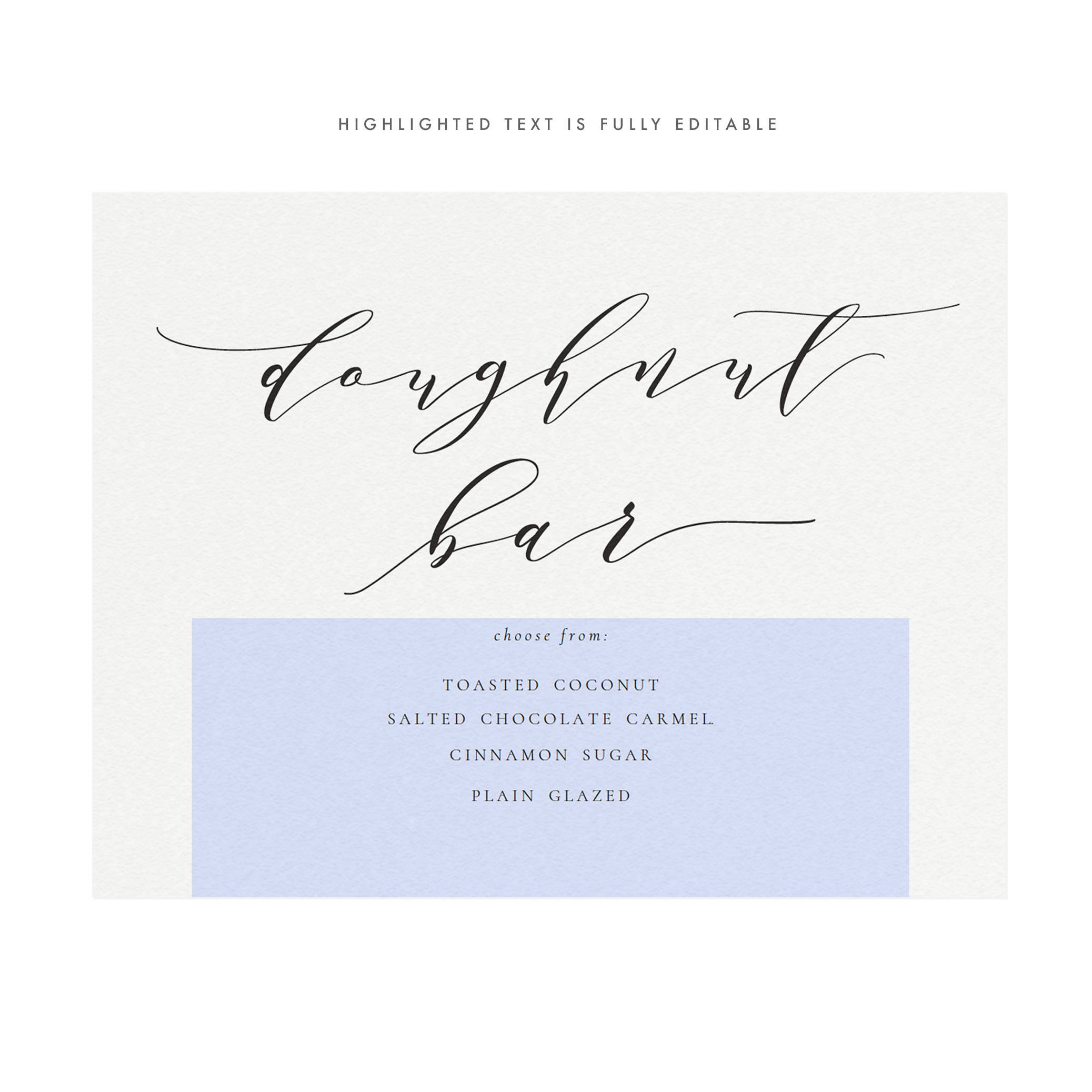 Calligraphy Doughnut Bar Sign: Printable Wedding Menu (PDF Instant Download)