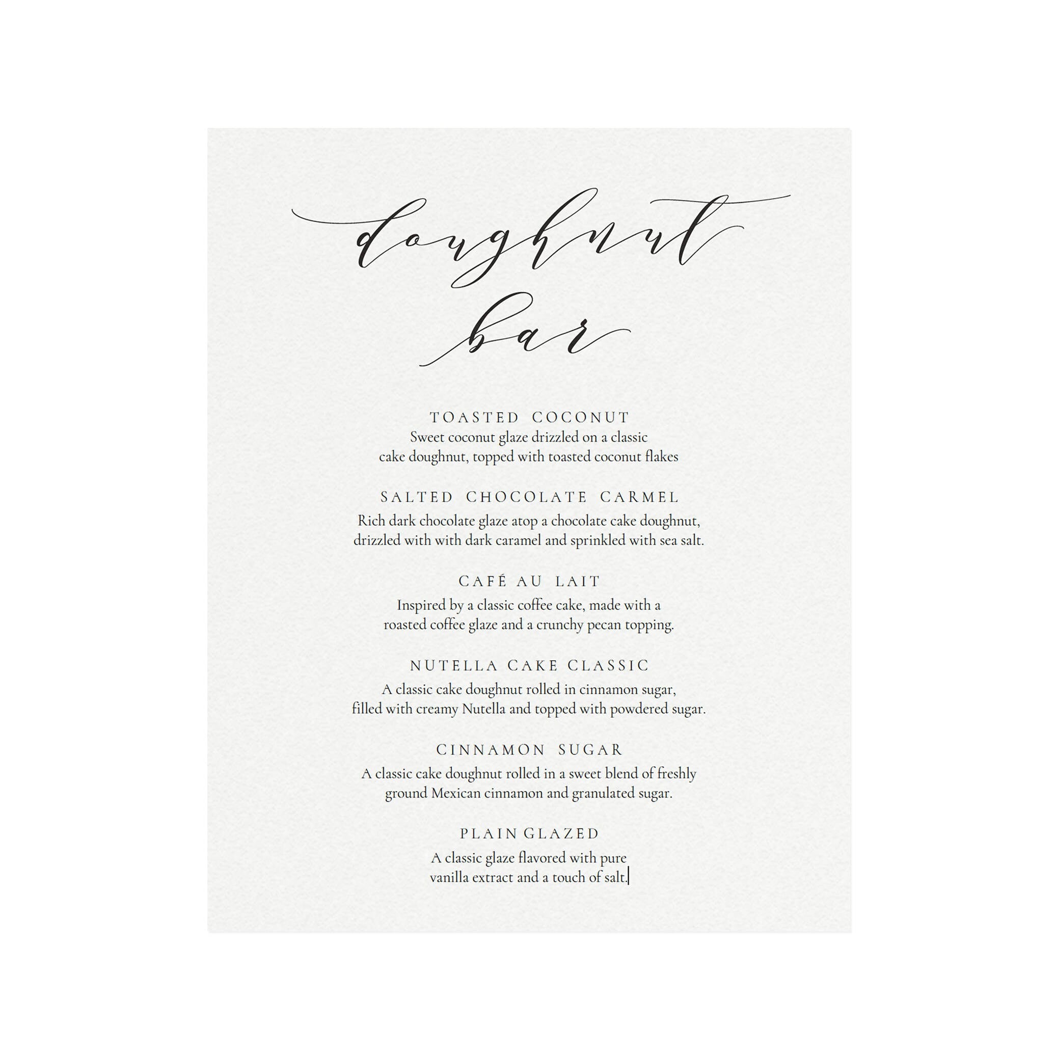 Calligraphy Doughnut Bar Menu Sign: 8x10 Wedding Template (PDF Download)