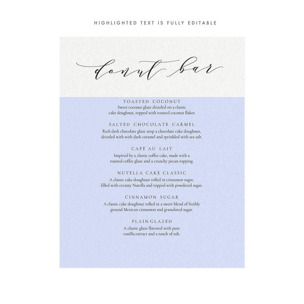 Calligraphy Donut Bar Wedding Sign: Melia Printable Menu (PDF)