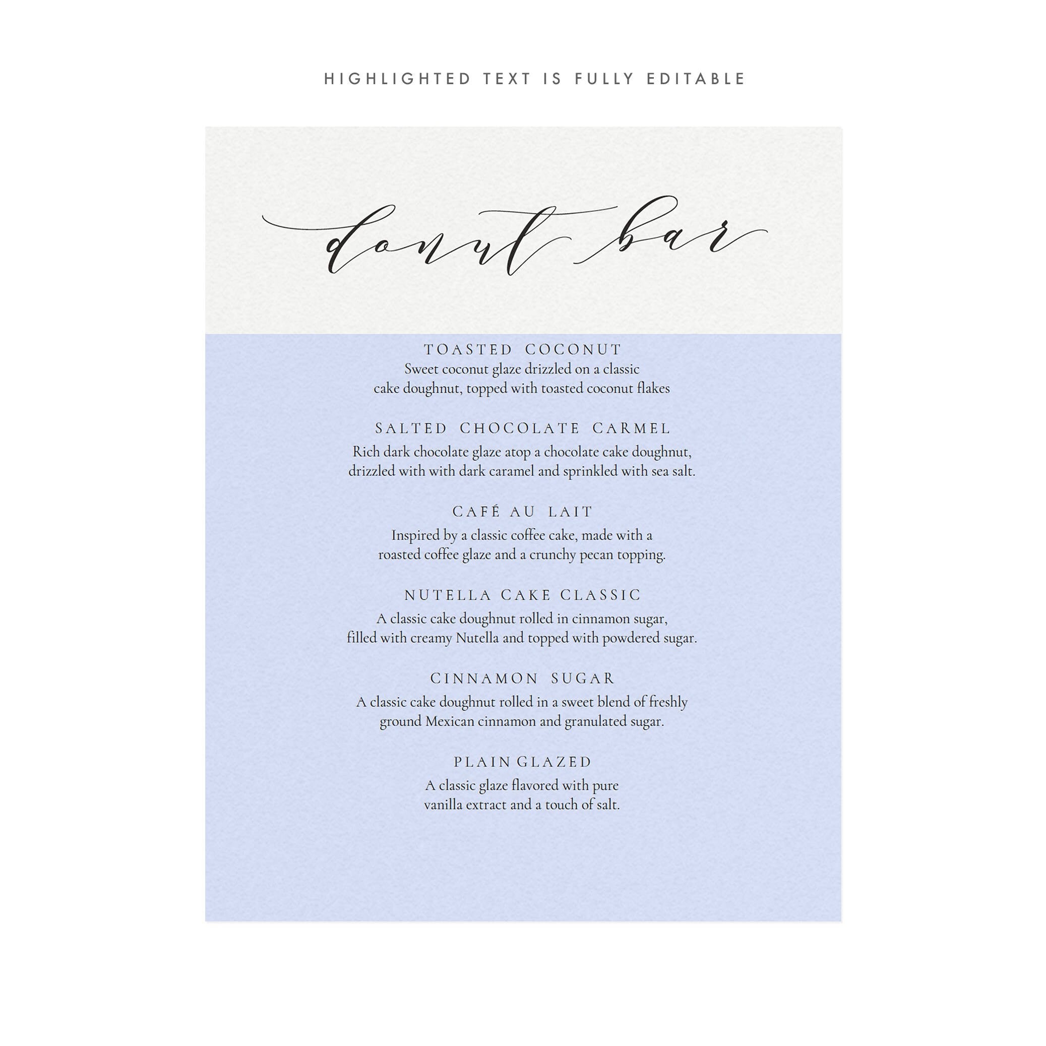 Calligraphy Donut Bar Wedding Sign: Melia Printable Menu (PDF)