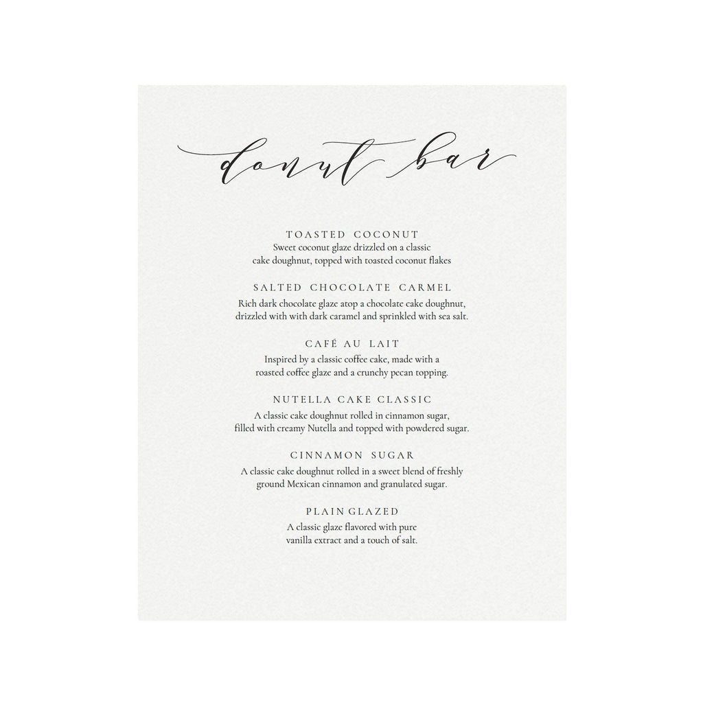 Calligraphy Donut Bar Wedding Sign: Melia Printable Menu (PDF)