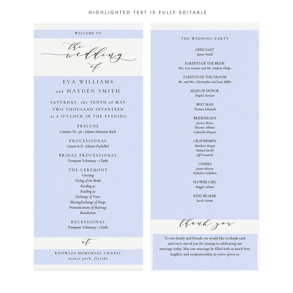 Calligraphy Wedding Program Template: Black, Editable PDF (Instant Download)