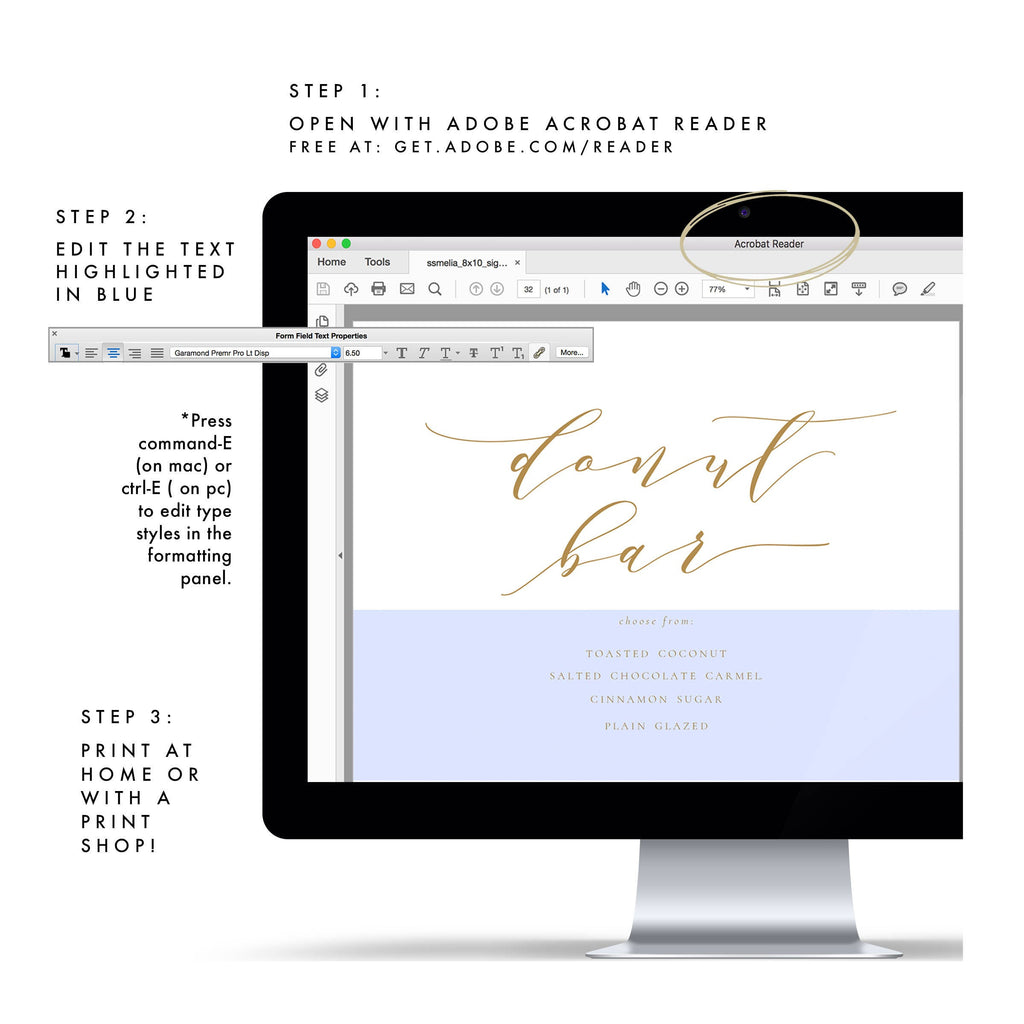 Gold Calligraphy Donut Bar Sign: Melia Printable (PDF Download)