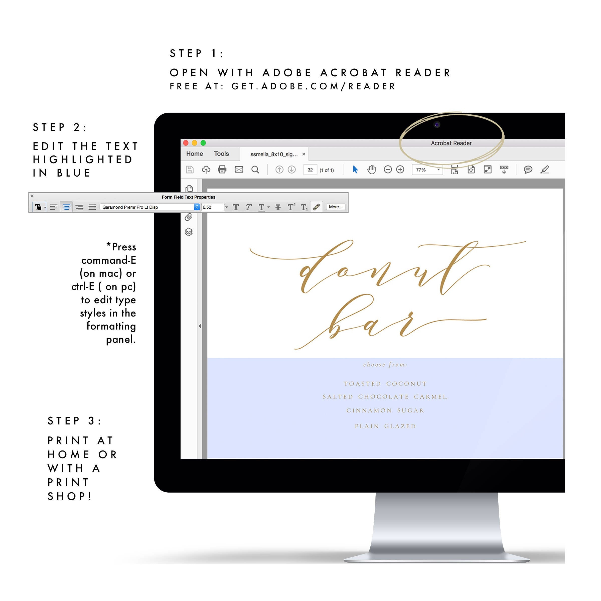 Gold Calligraphy Donut Bar Sign: Melia Printable (PDF Download)