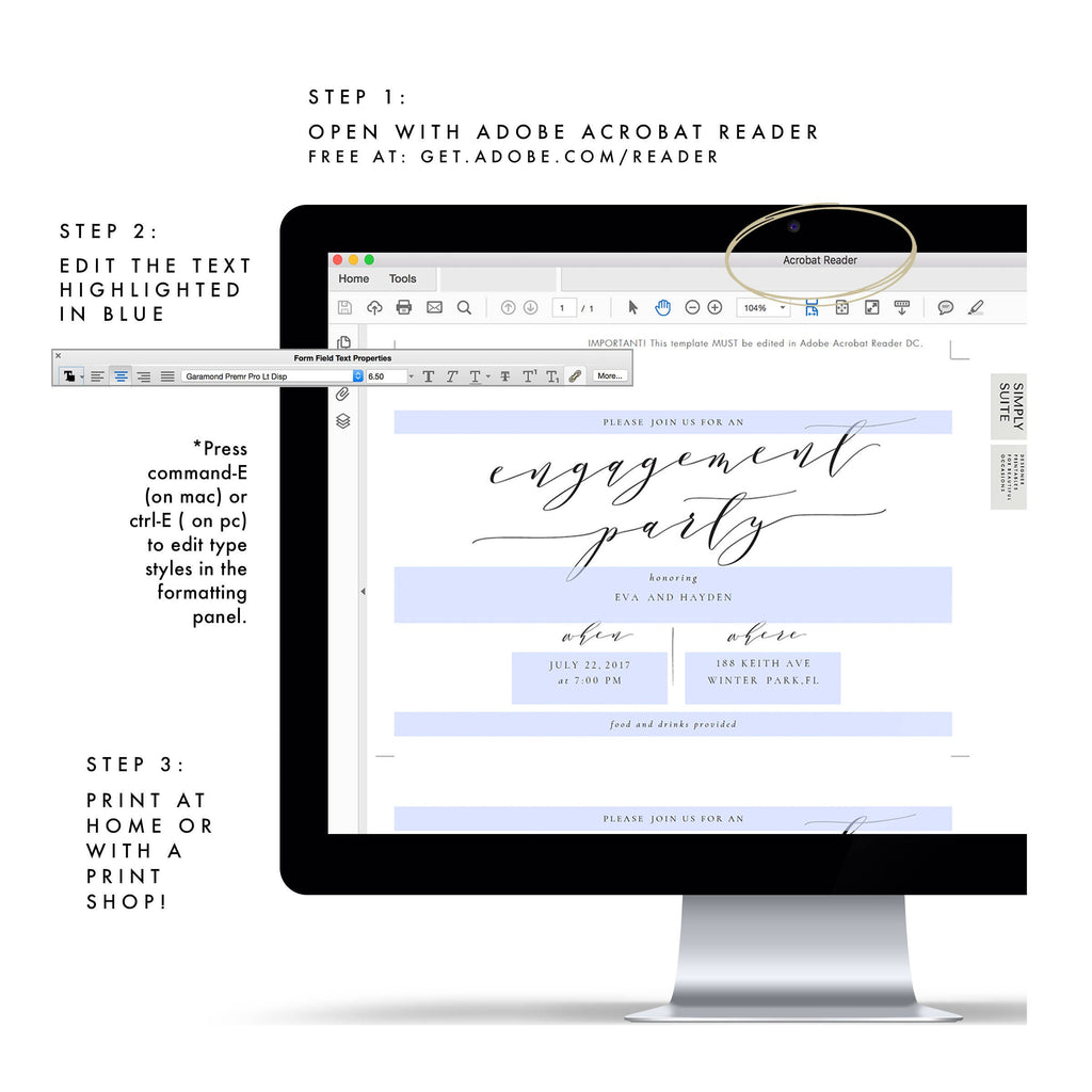 Calligraphy Engagement Party Invitation Template: Melia (PDF)