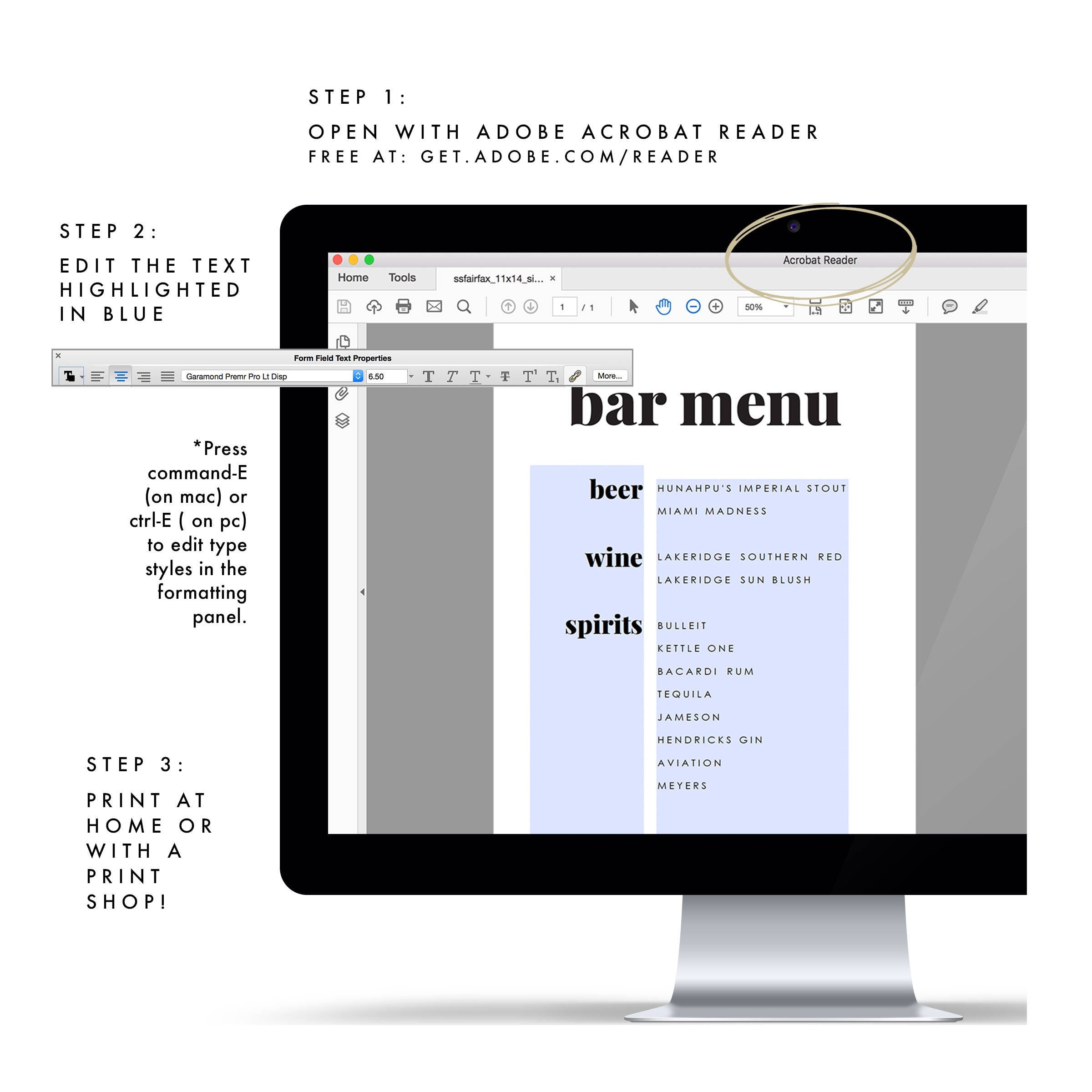 Modern Bar Menu Sign: Fairfax Printable Wedding Reception (PDF Download)