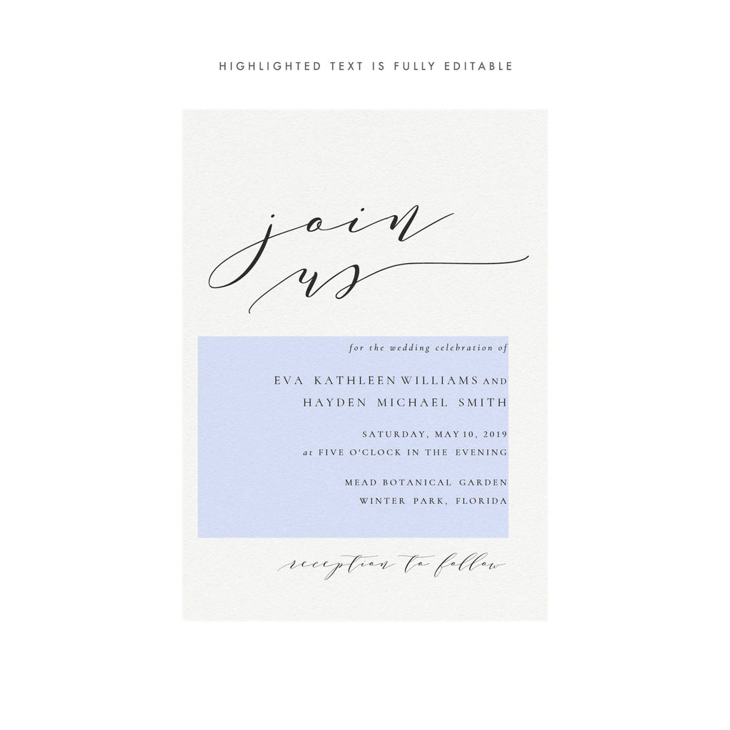 Calligraphy Wedding Invitation Template: 'Join Us' Printable (PDF Instant Download)