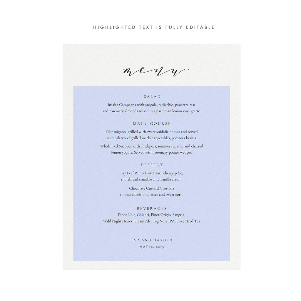 Calligraphy Wedding Menu Sign: Minimalist 11x14 Printable (PDF)