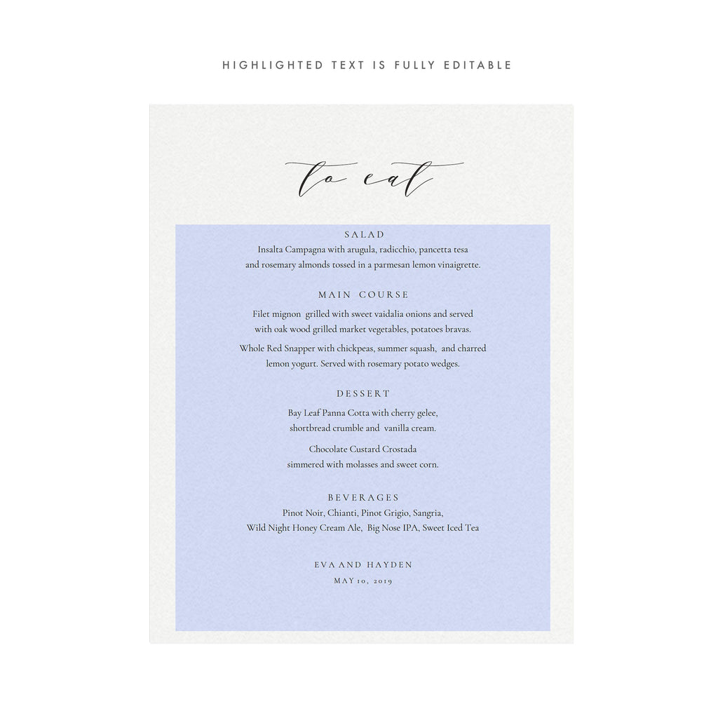 Calligraphy Wedding Menu Template: Minimalist Dinner Sign (PDF Download)