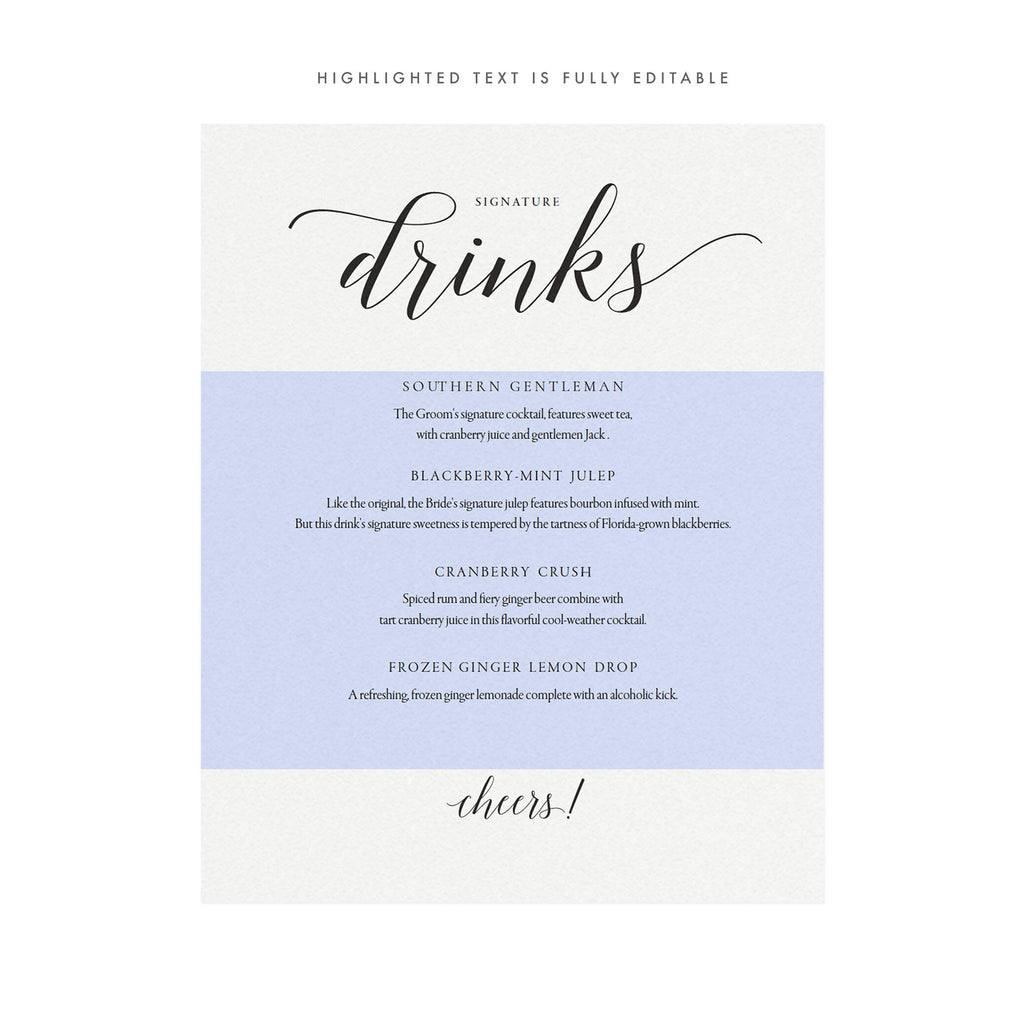 Printable Signature Drinks Sign: Minimalist Wedding Bar Menu (PDF)