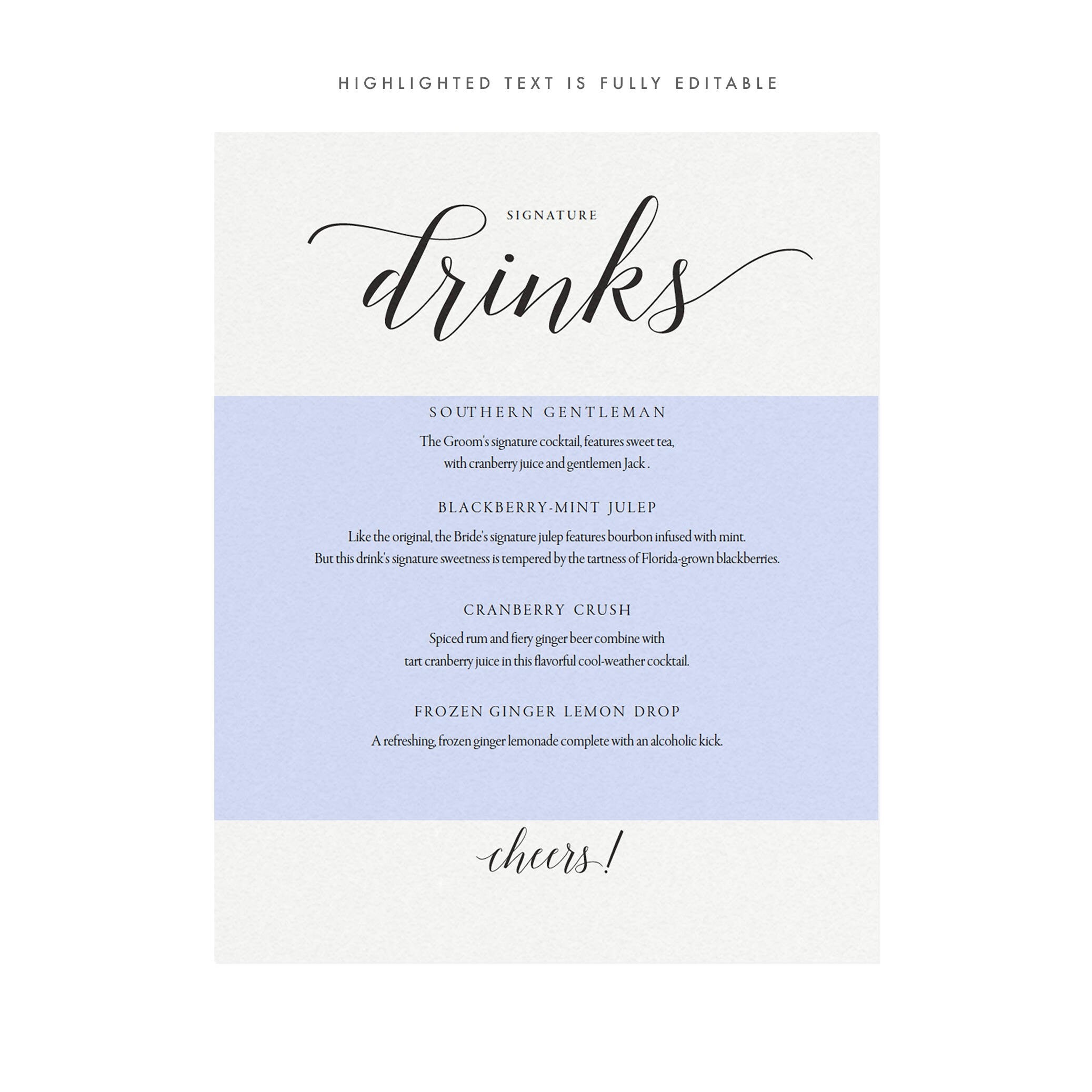 Printable Signature Drinks Sign: Minimalist Wedding Bar Menu (PDF)