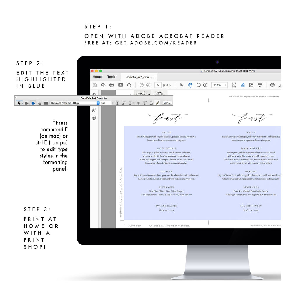 Calligraphy Wedding Menu Template: 5x7 Black, Minimalist (Printable PDF)
