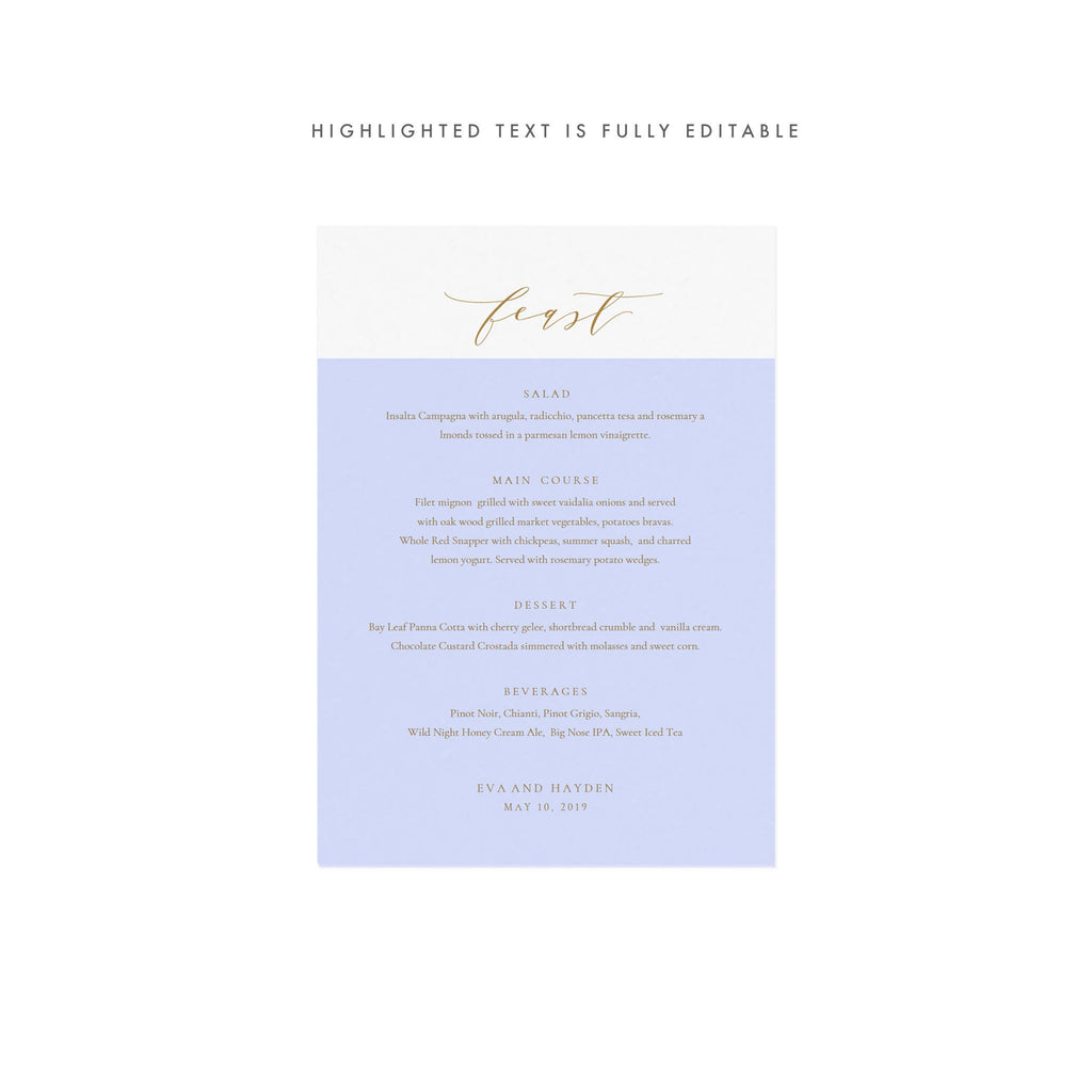 Gold Calligraphy Wedding Menu Template: Minimalist 5x7 (PDF Instant Download)