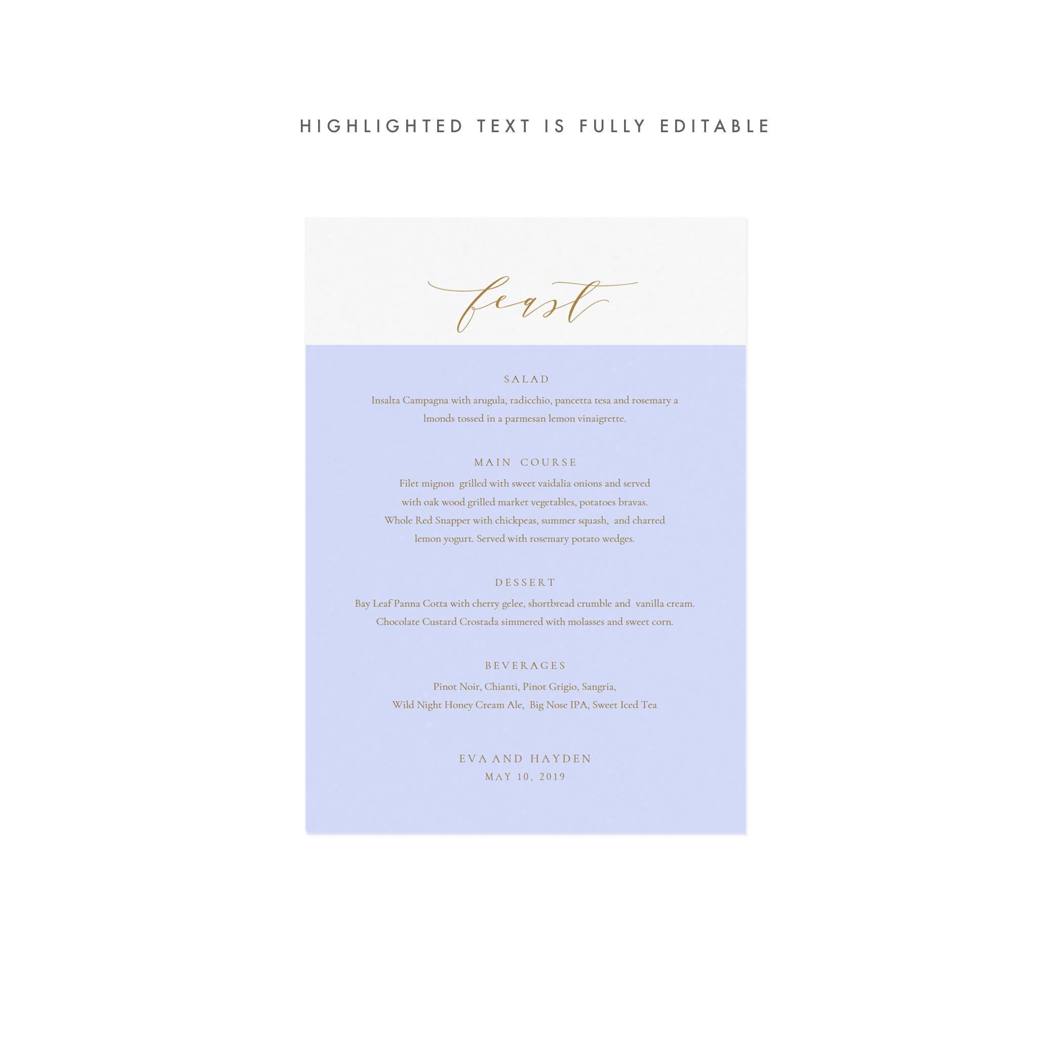 Gold Calligraphy Wedding Menu Template: Minimalist 5x7 (PDF Instant Download)