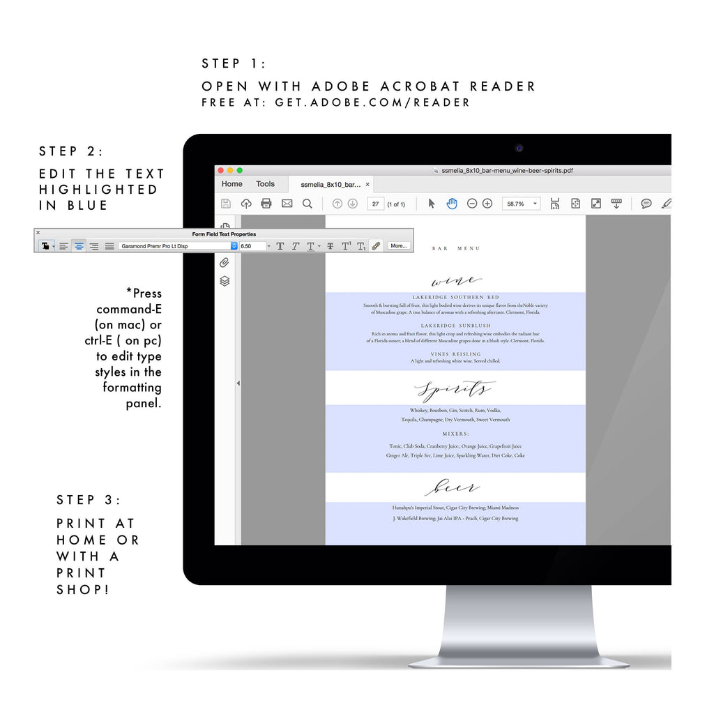 Calligraphy Bar Menu Sign: Melia Template (PDF Instant Download)