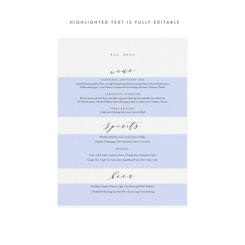 Calligraphy Bar Menu Sign: Melia Template (PDF Instant Download)