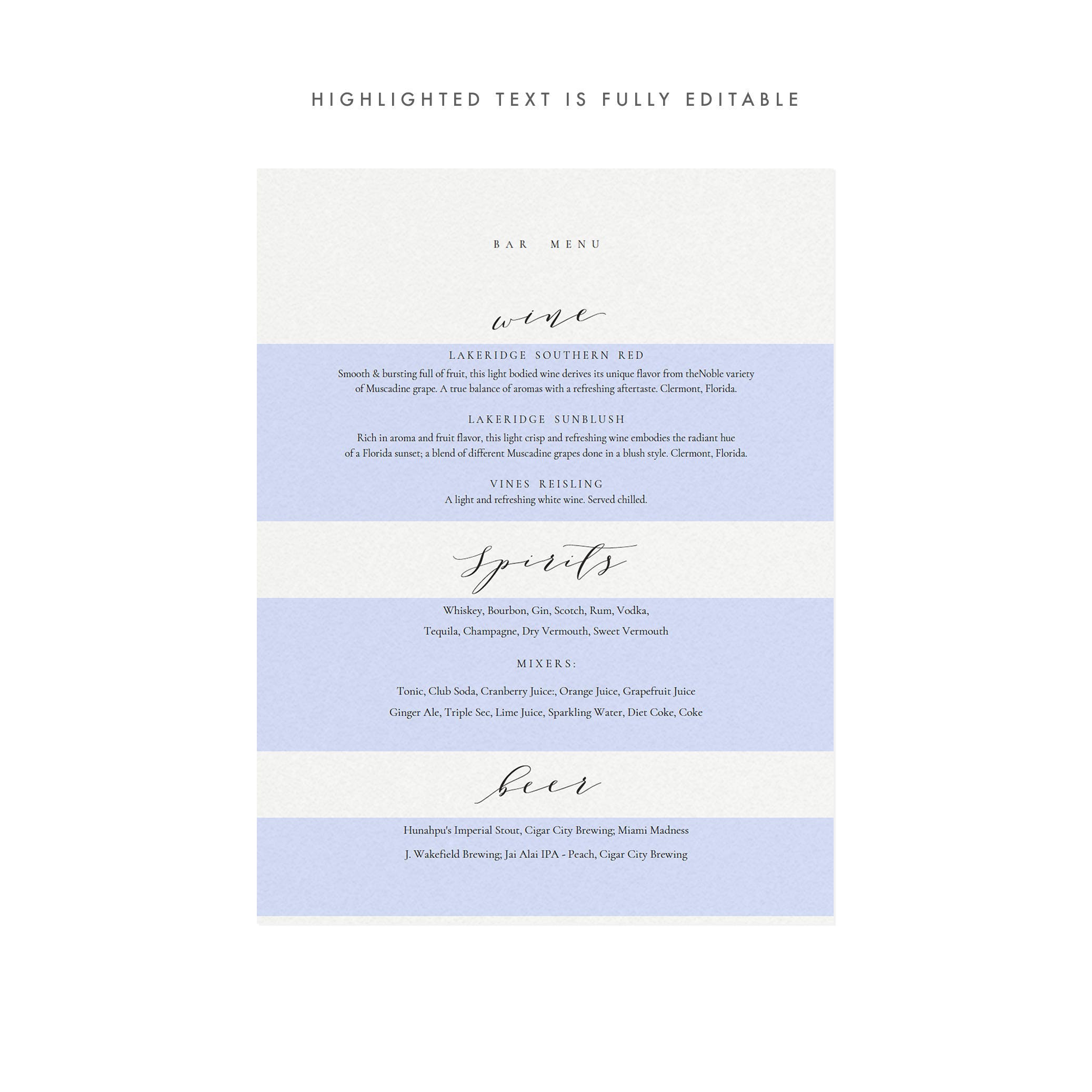 Calligraphy Bar Menu Sign: Melia Template (PDF Instant Download)