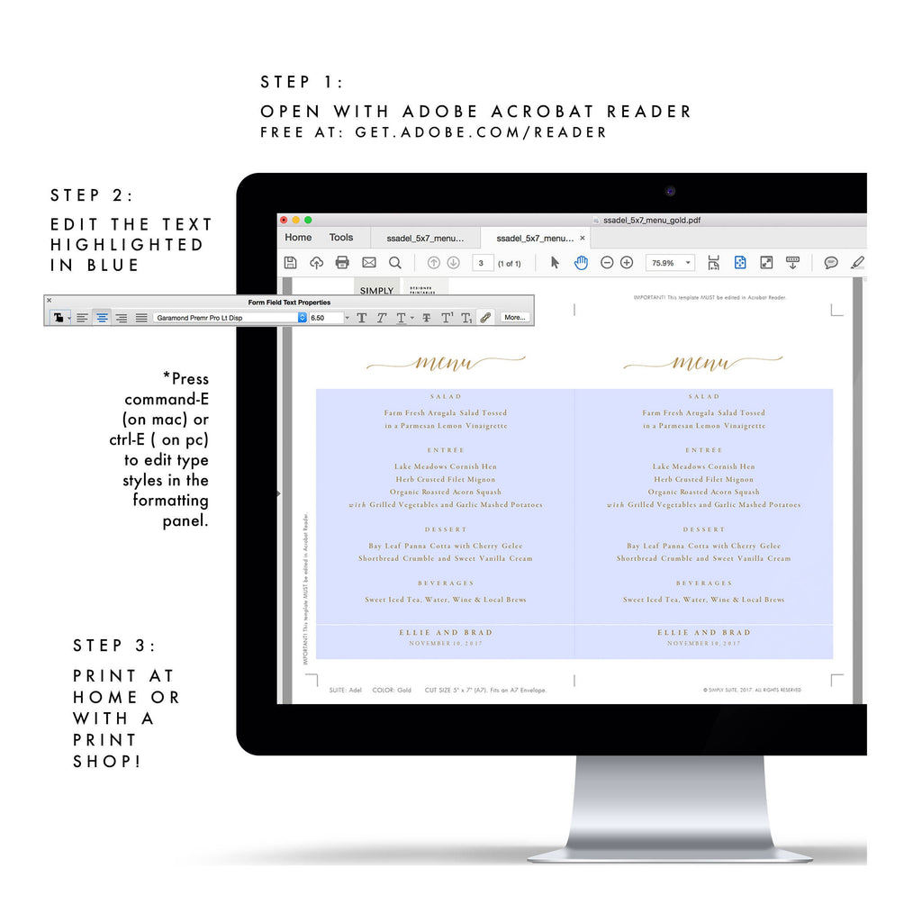 Gold Calligraphy Wedding Menu Template: Minimalist 5x7 (PDF)