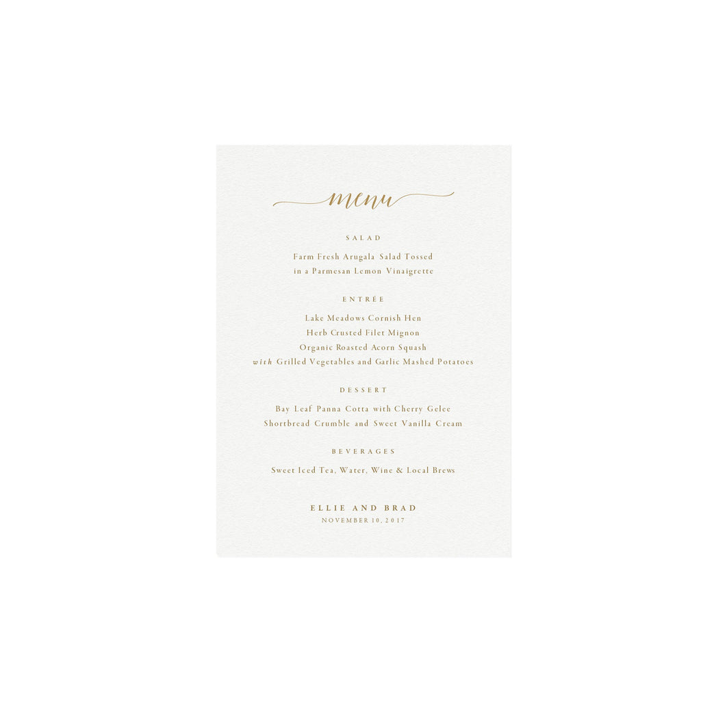 Gold Calligraphy Wedding Menu Template: Minimalist 5x7 (PDF)