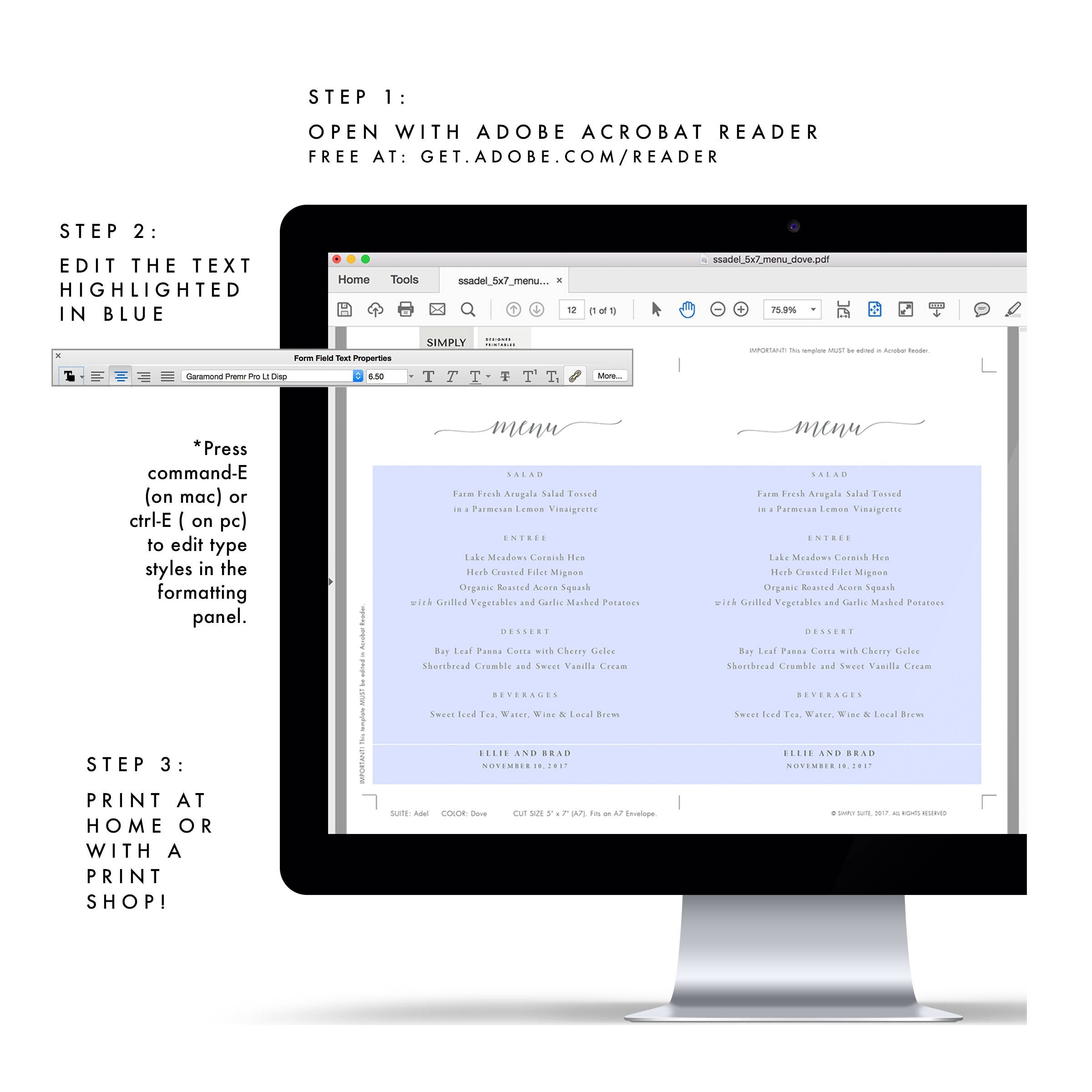 Calligraphy Wedding Menu Template: Dove Gray, Minimalist (Editable PDF)