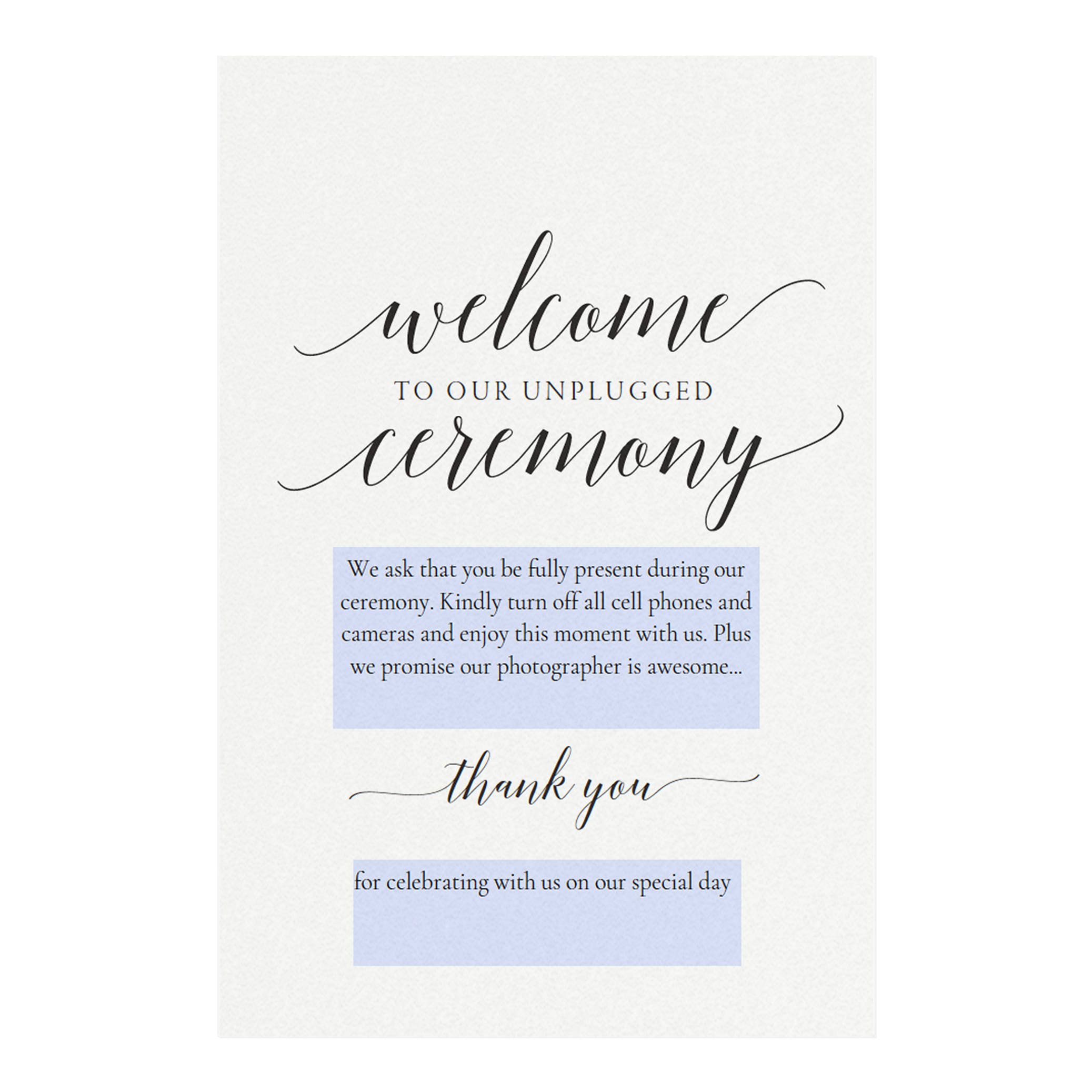 Adel Unplugged Wedding Ceremony Sign Template (PDF Instant Download)