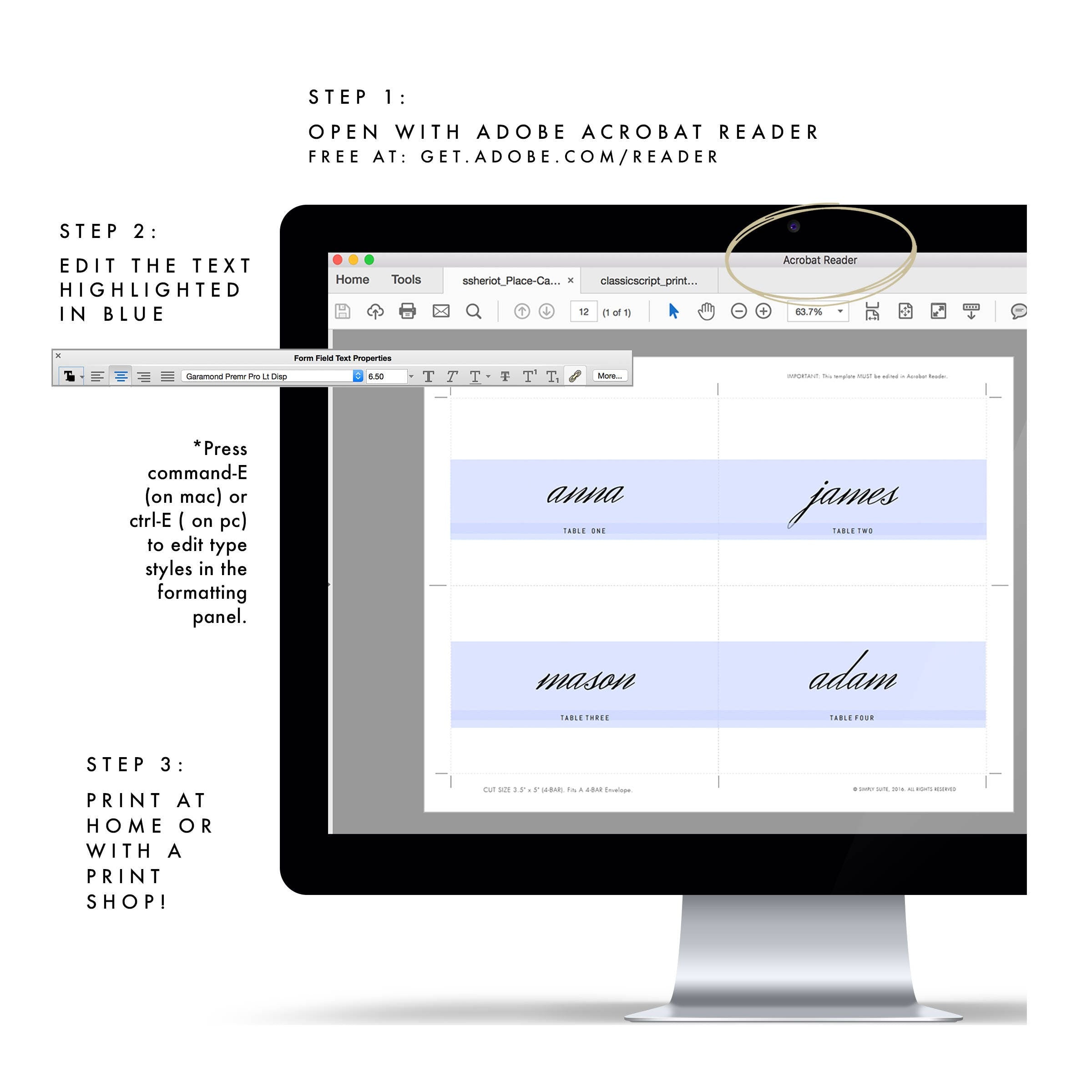 Editable Wedding Place Card Template: Heriot Classic Design (PDF Download)