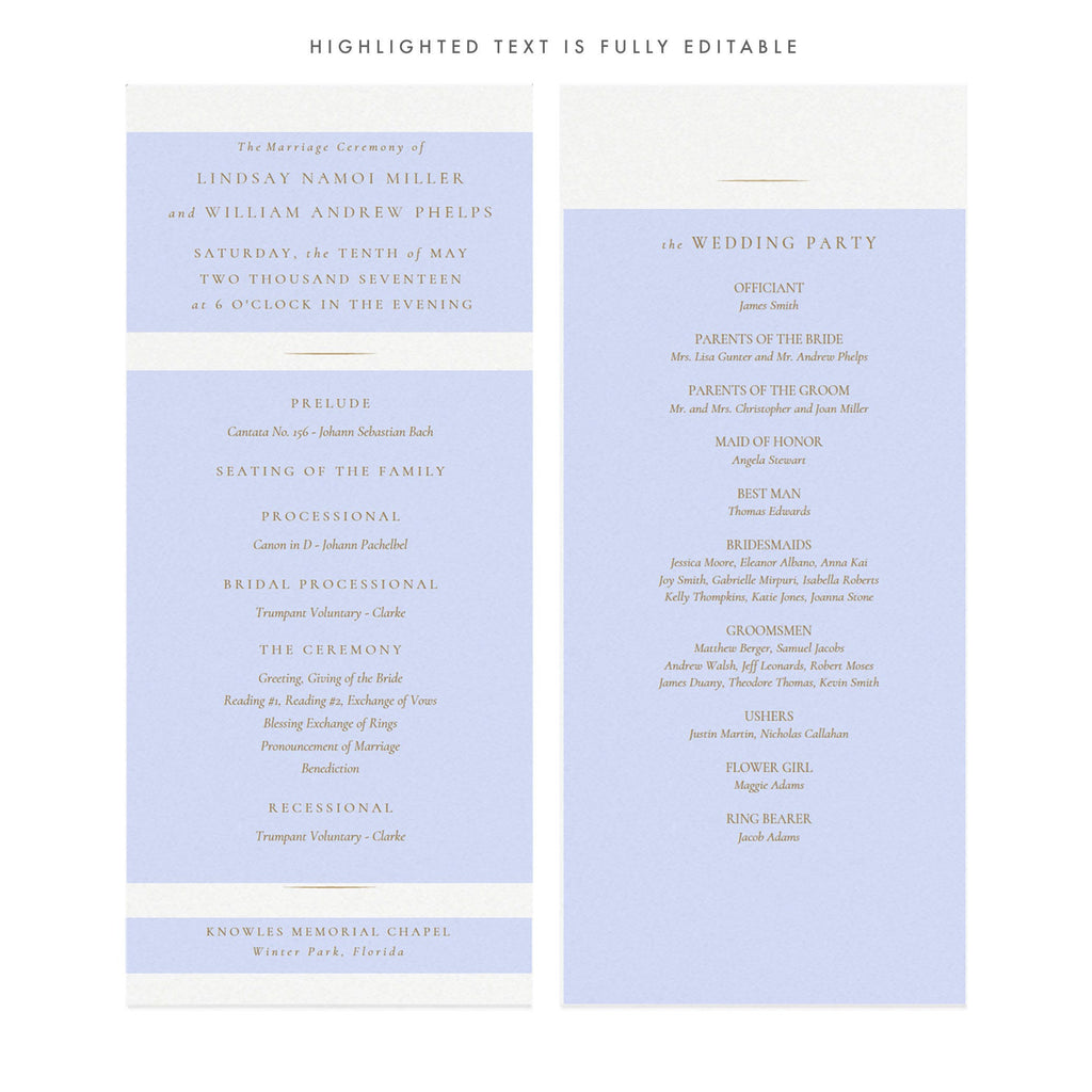 Gold Wedding Program Template: Elegant, Classic Design (PDF, Instant Download)