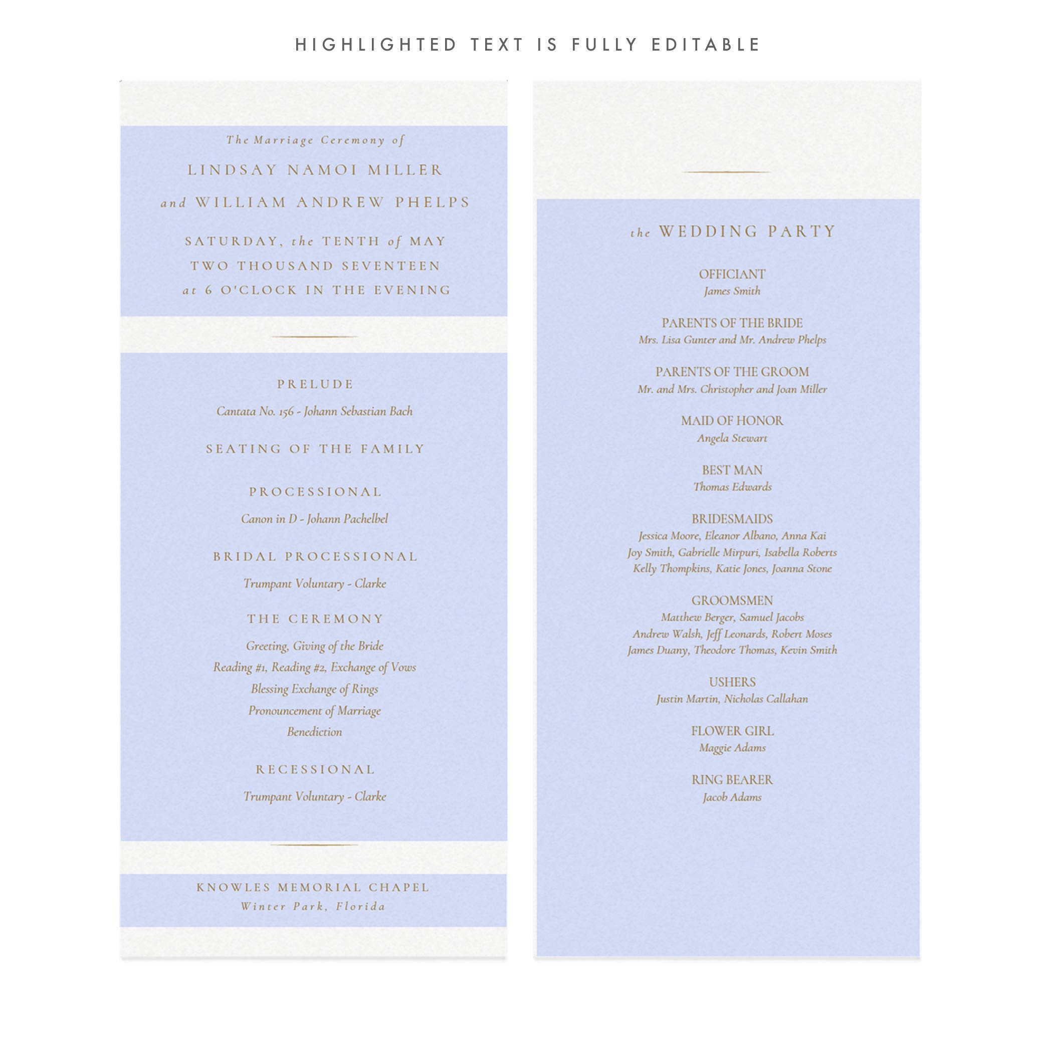 Gold Wedding Program Template: Elegant, Classic Design (PDF, Instant Download)