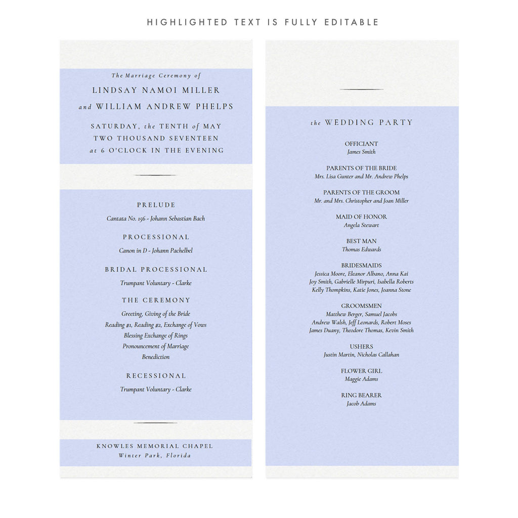 Elegant Wedding Program Template: Classic Black Design (4x9 Printable PDF)
