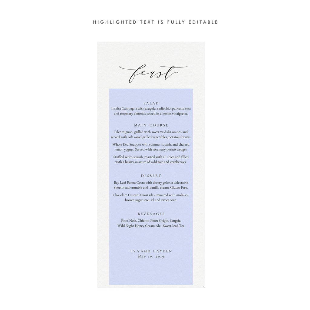 Calligraphy Wedding Menu Template: Black, Minimalist (PDF Download)