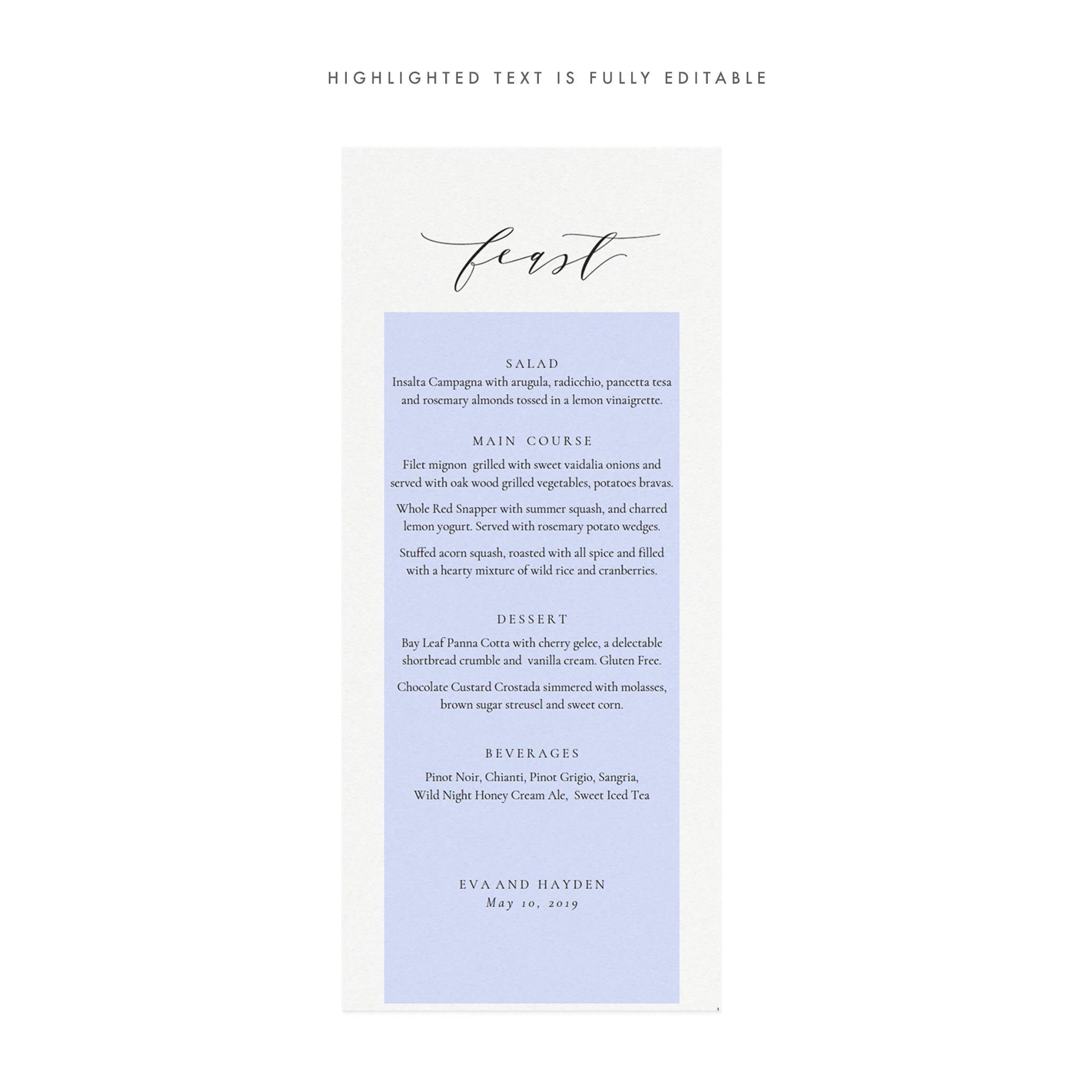 Calligraphy Wedding Menu Template: Black, Minimalist (PDF Download)