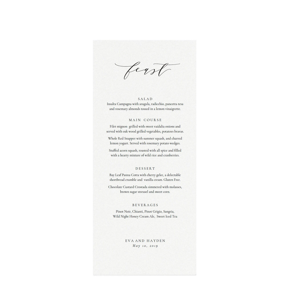 Calligraphy Wedding Menu Template: Black, Minimalist (PDF Download)