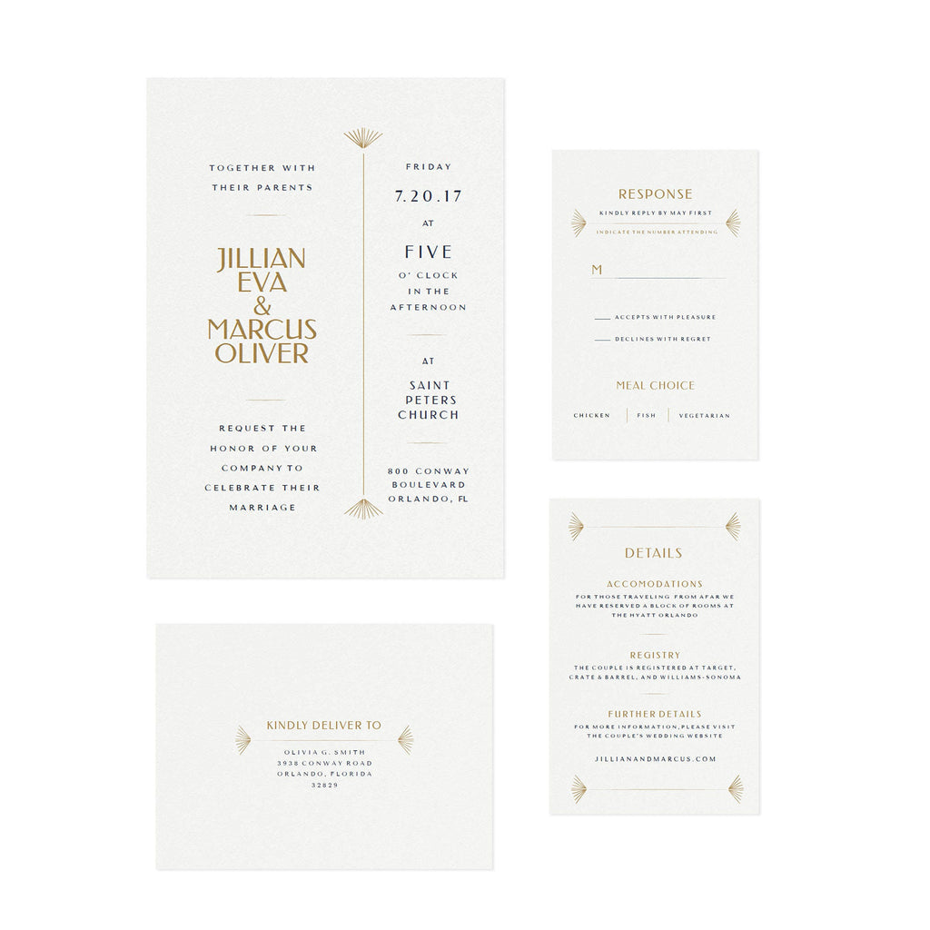 Art Deco Wedding Invitation Suite: Navy & Gold (Editable PDF)