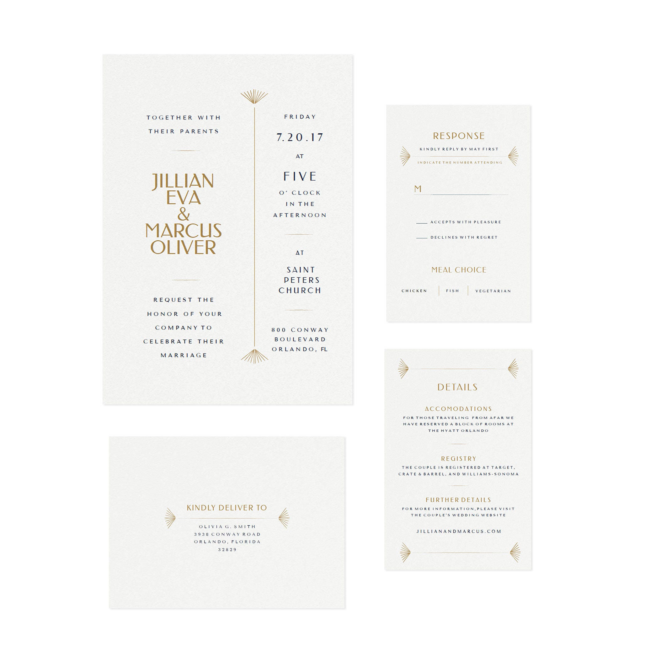 Art Deco Wedding Invitation Suite: Navy & Gold (Editable PDF)