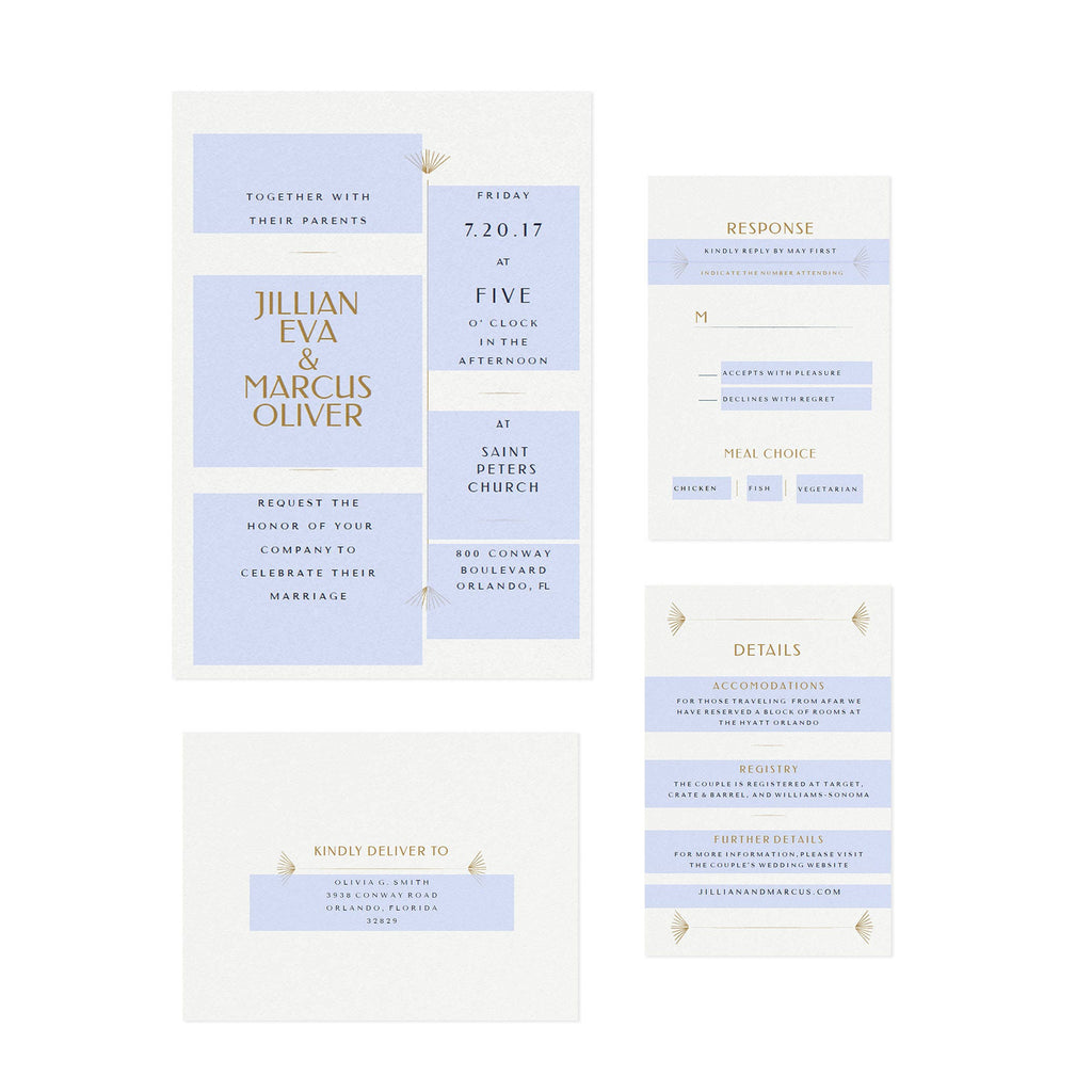 Art Deco Wedding Invitation Suite: Navy & Gold (Editable PDF)