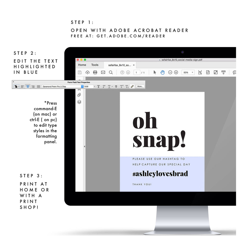 Modern Wedding Social Media Sign: Minimalist Oh Snap Template (PDF Instant Download)
