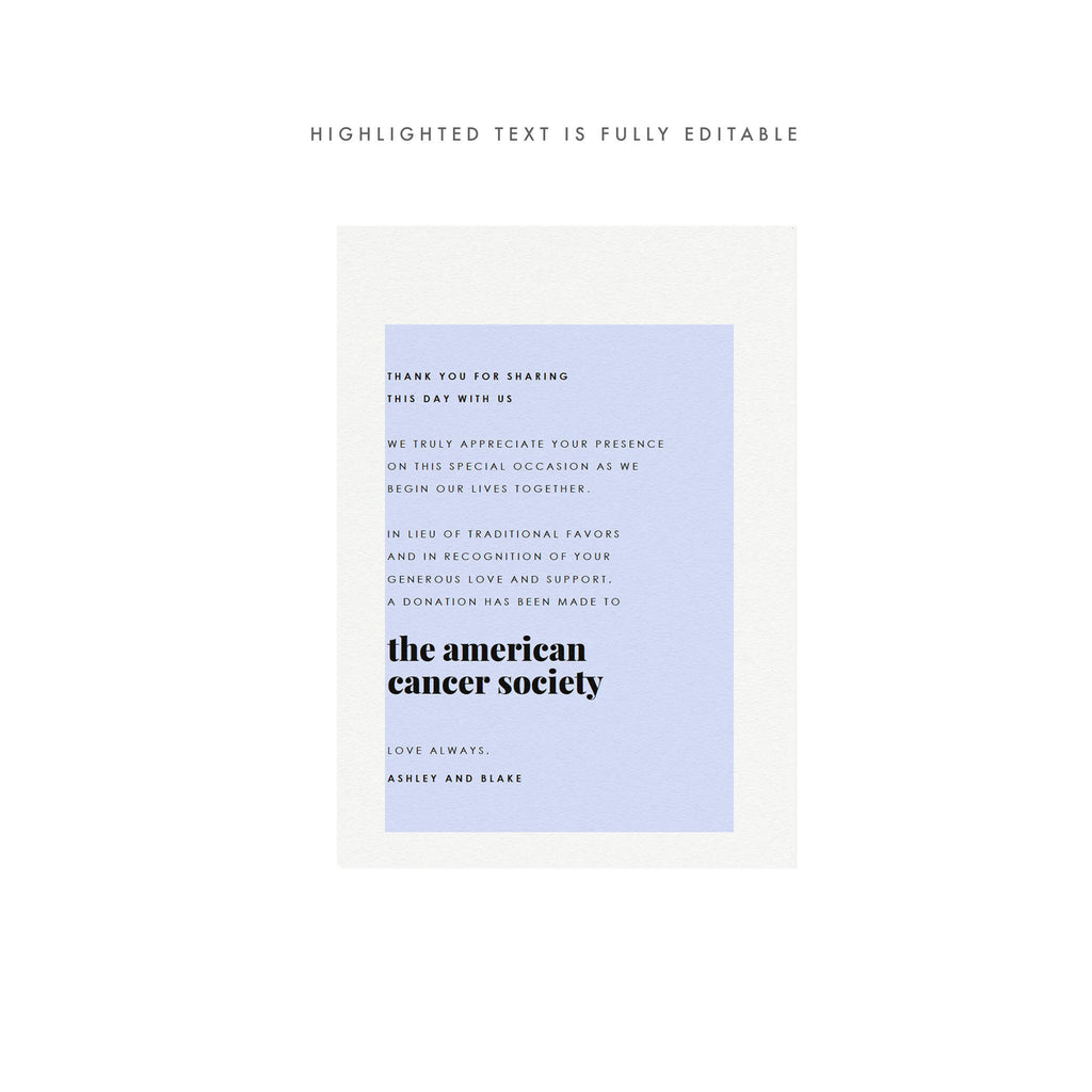 Wedding Donation Sign: Fairfax In Lieu of Favors (PDF Instant Download)