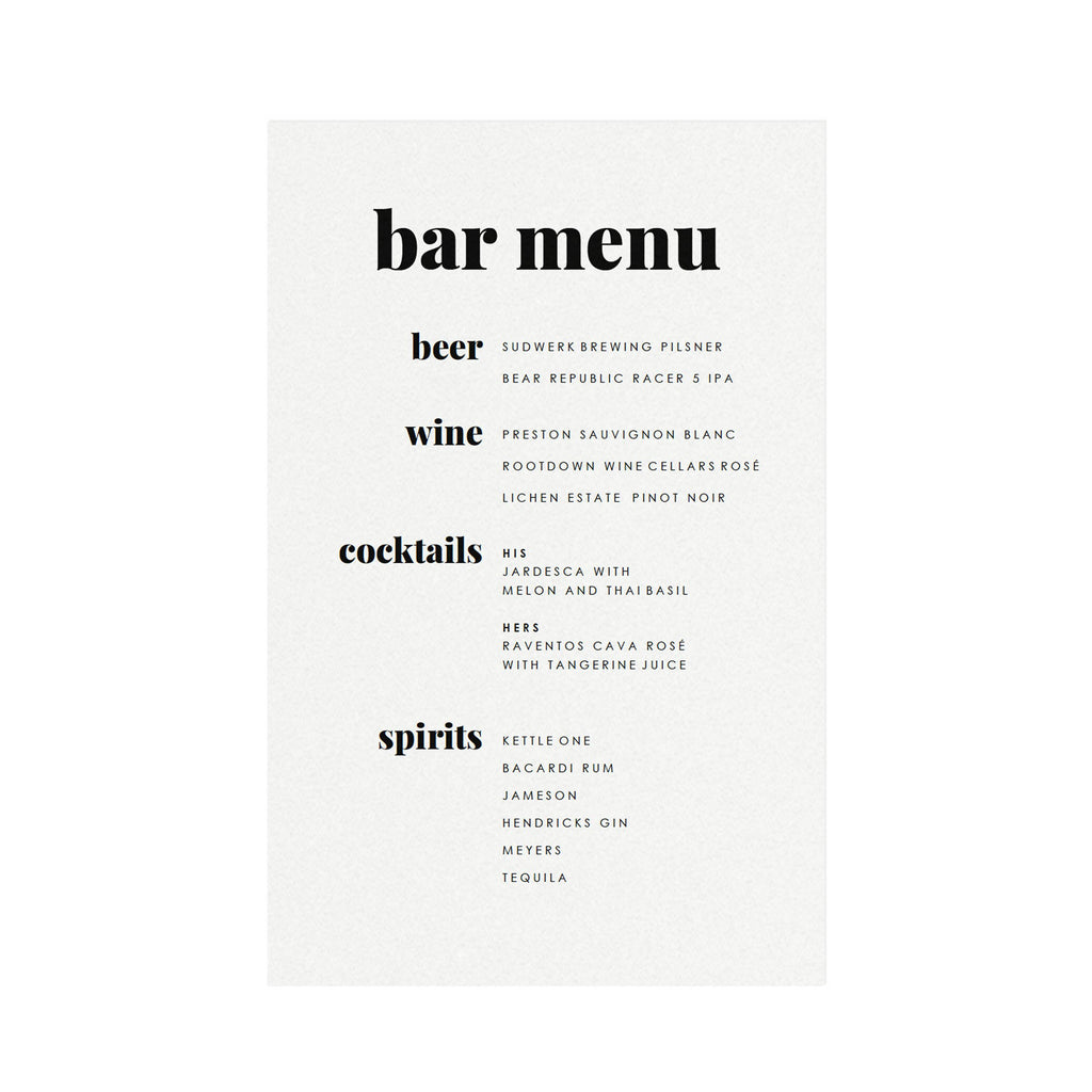 Modern Bar Menu Sign Template: Minimalist Wedding Reception (PDF Instant Download)
