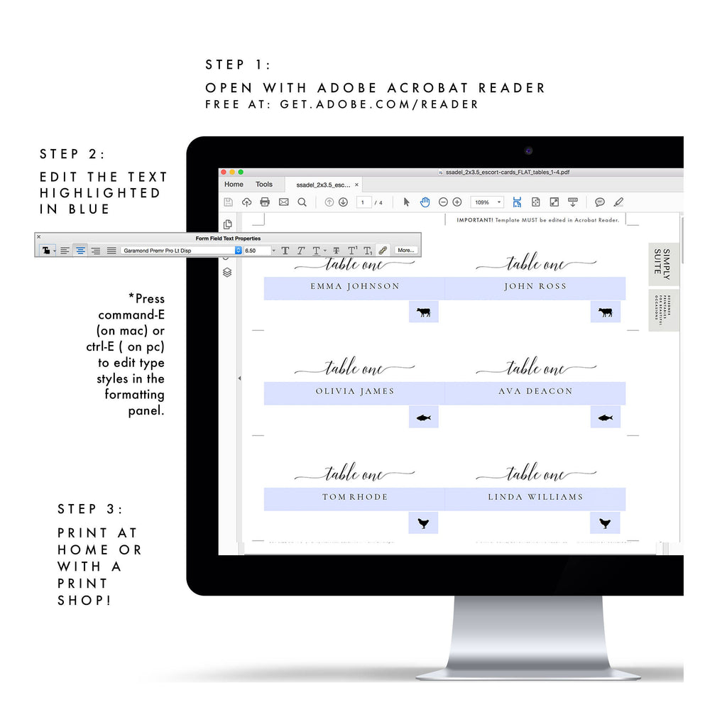 Adel: 3.5x2 Escort Card Template with Meal Icons, up to 30 Tables, Avery 5302, Meal Entree Icon, Printable Editable PDF Instant Download