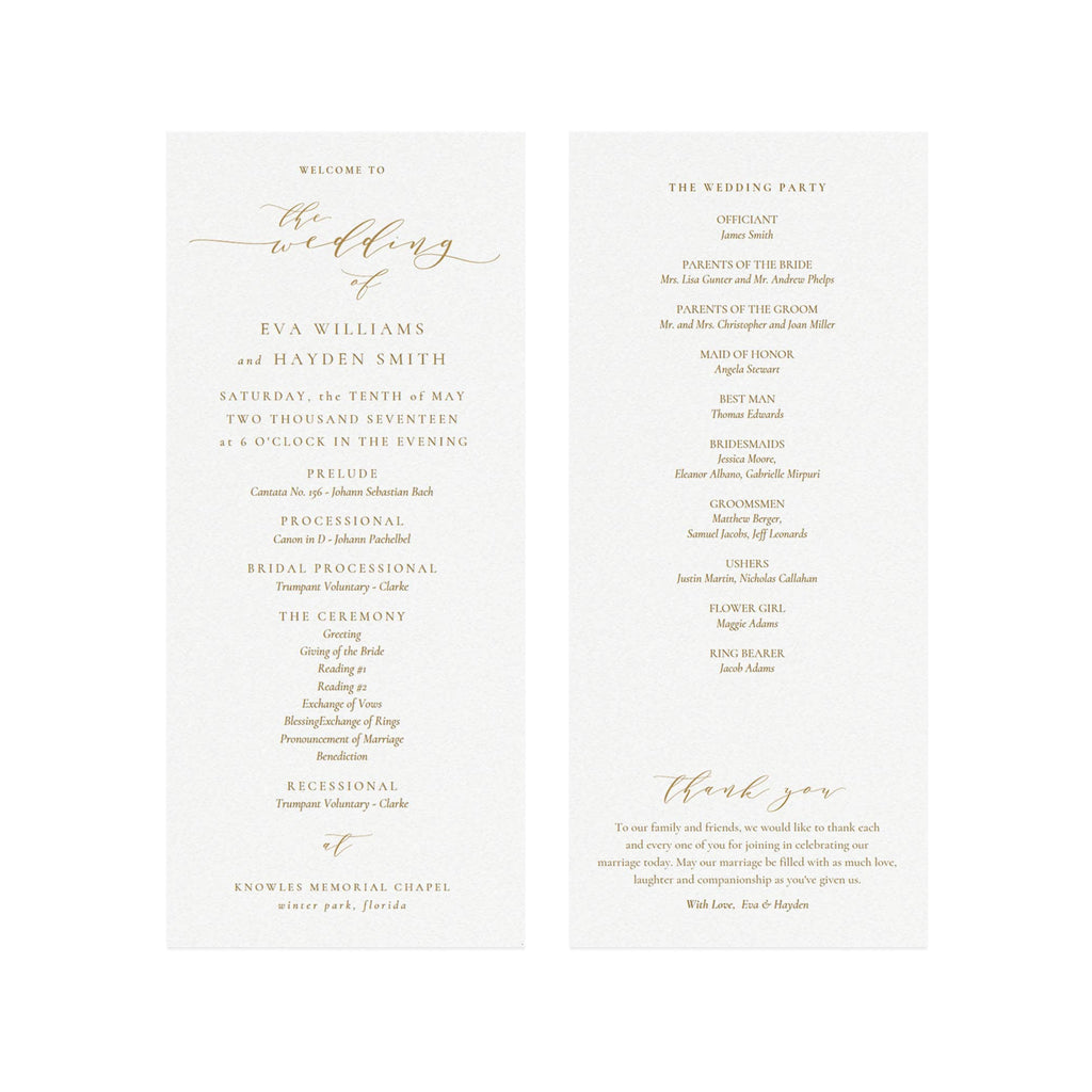 Gold Calligraphy Wedding Program Template: Elegant 4x9 (PDF Download)