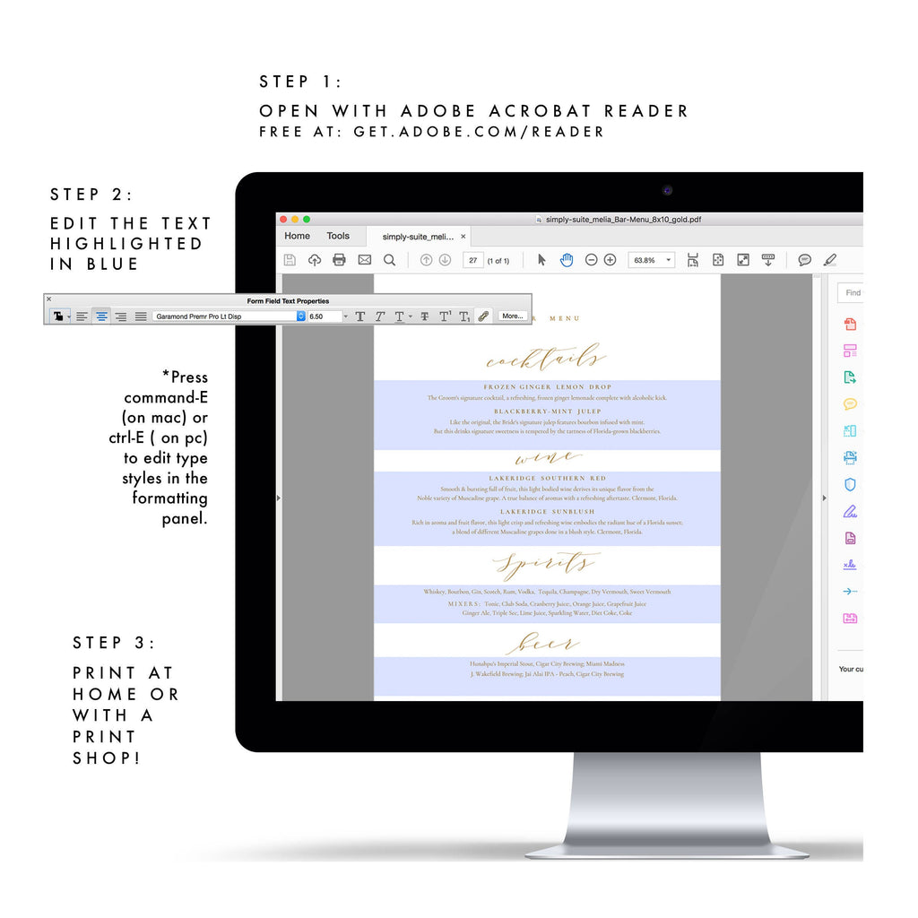 Calligraphy Bar Menu Sign: Gold Wedding Cocktails (PDF)