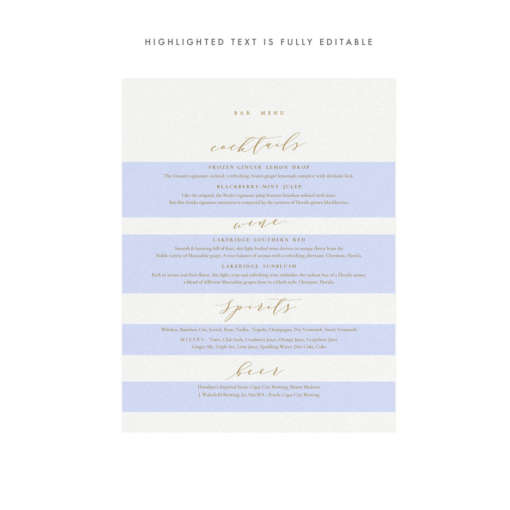 Calligraphy Bar Menu Sign: Gold Wedding Cocktails (PDF)